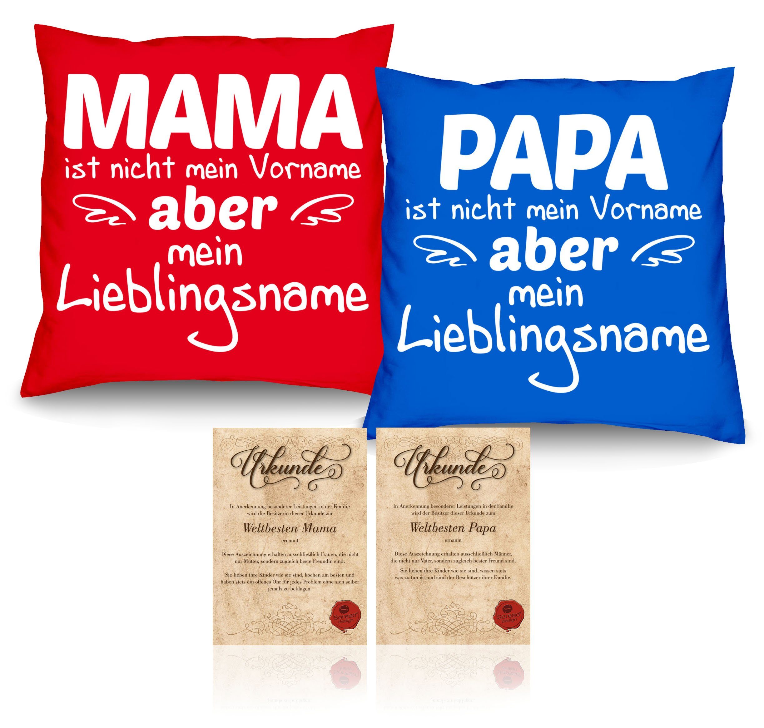 Soreso® Dekokissen Kissen-Set Mama Lieblingsname Papa Lieblingsname mit Urkunden, Geschenk Vatertag Muttertag royal-blau