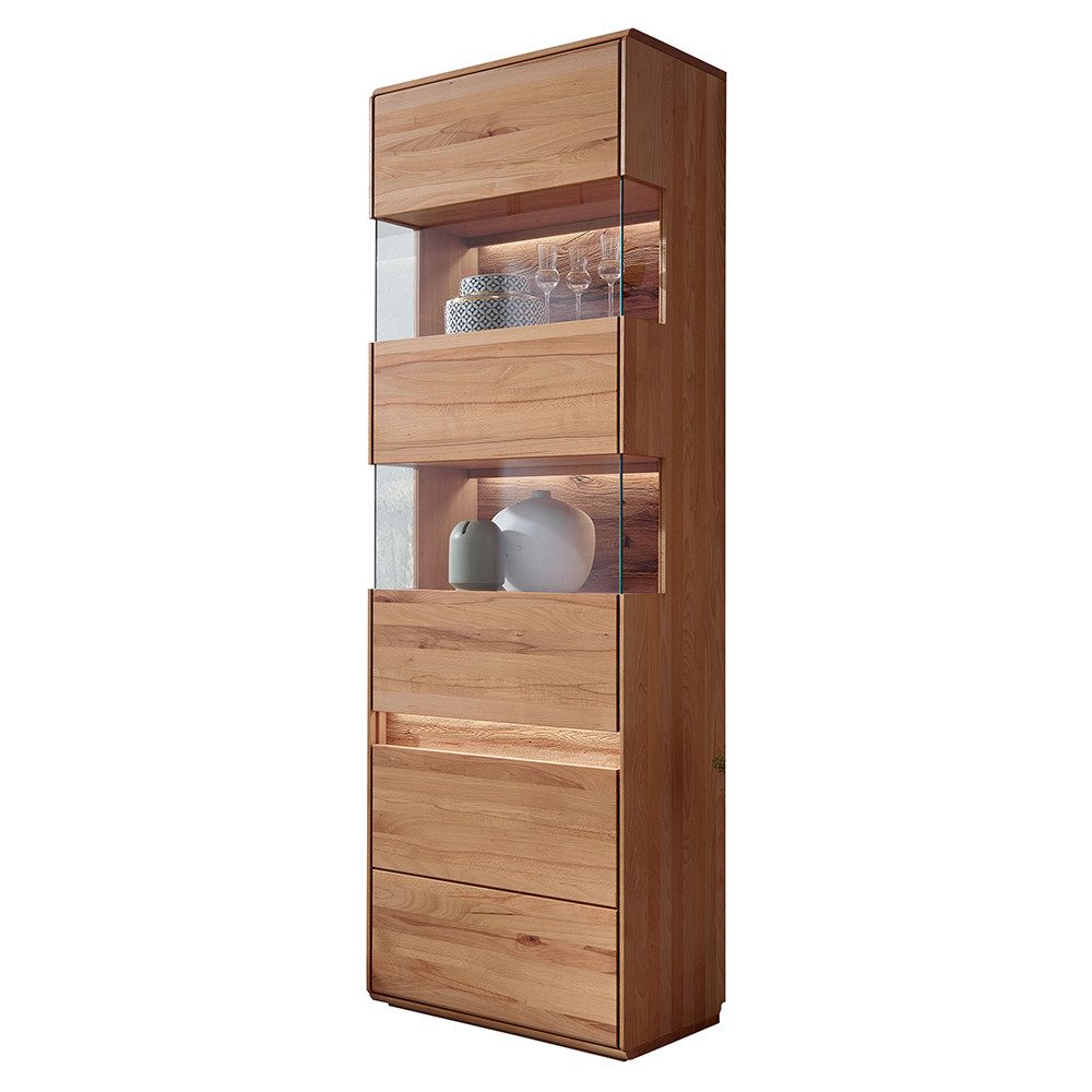 Lomadox Vitrine WELLAND-69 63 cm, Kernbuche massiv geölt mit LED-Beleuchtung, Türanschlag links