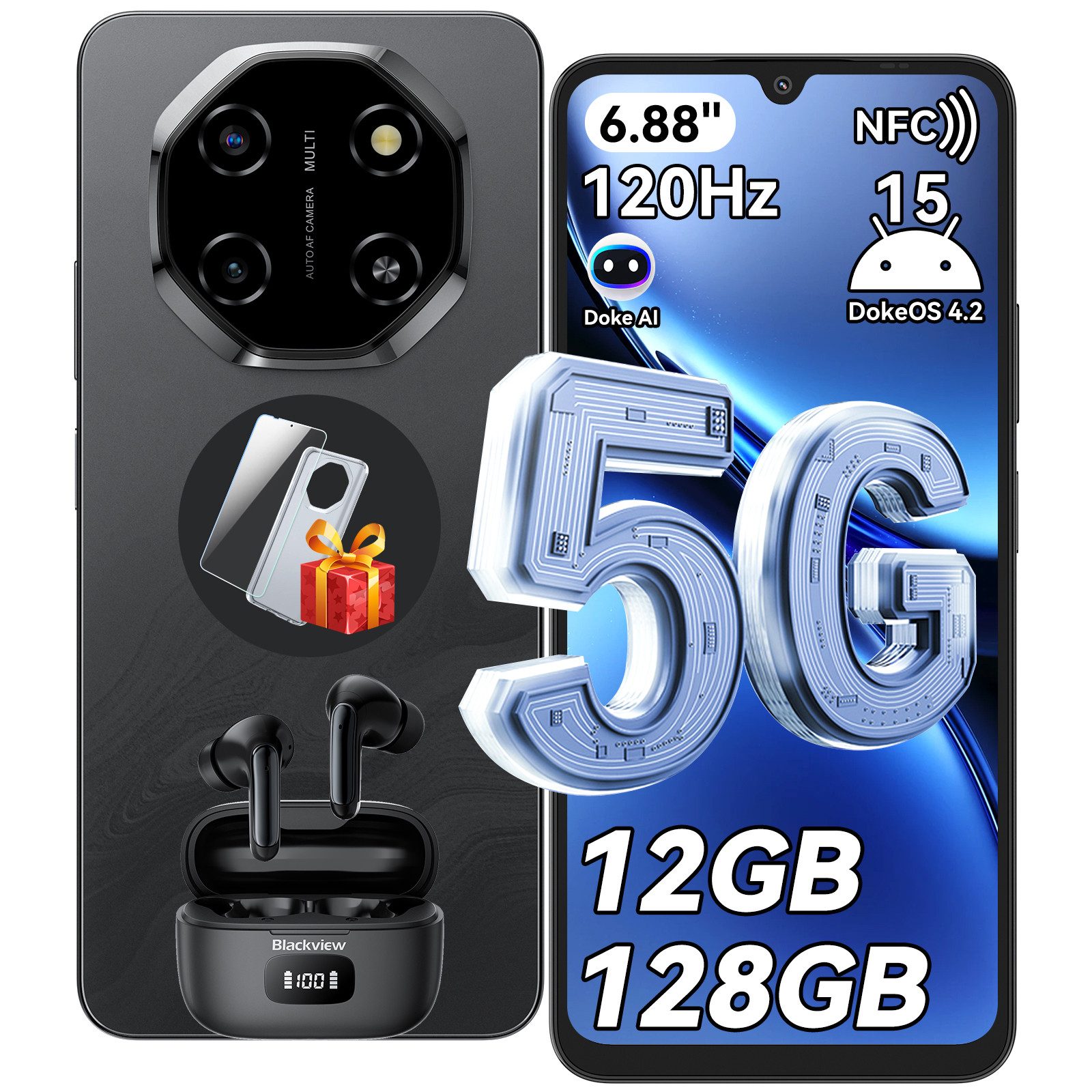 blackview Shark 6 5G,AI incl. Airbuds 8 Handy (128 GB Speicherplatz, 120Hz, Doke AI, 5000mAh,Unisoc T8100, Android 15)