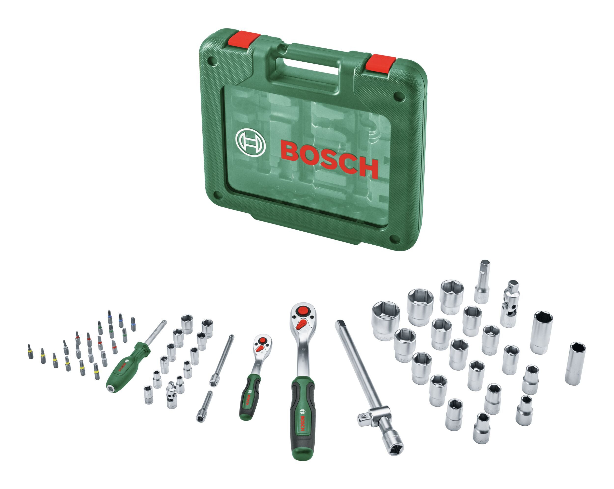 BOSCH Ratschenringschlüssel (60 Teile), Handwerkzeug 1/4"- und 1/2"-Ratschen-Set, 60-teilig