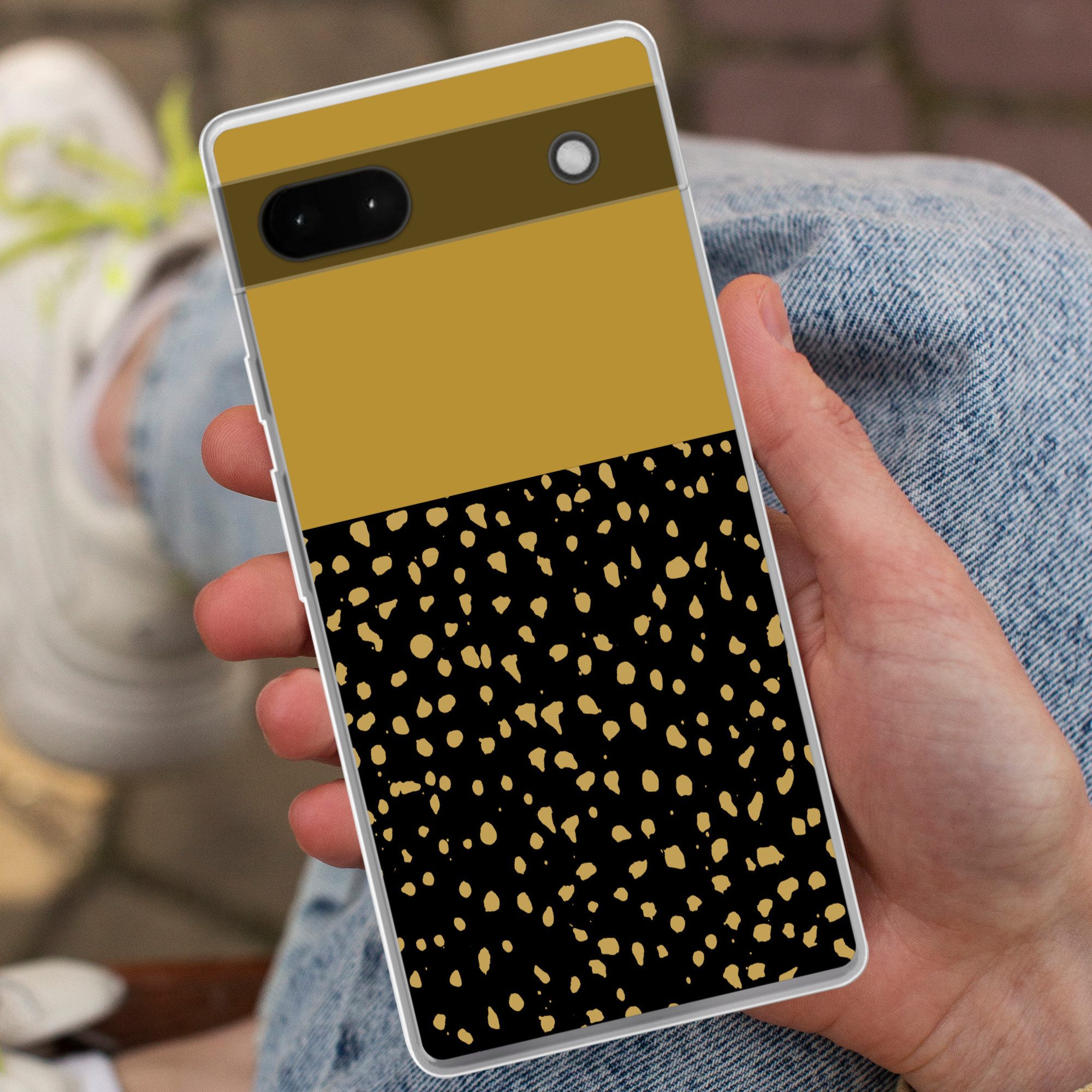 MuchoWow Handyhülle für Google Pixel 6a Polka dots - Ockergelb - Schwarz, Phone Case, Silikon, Schutzhülle Dünn