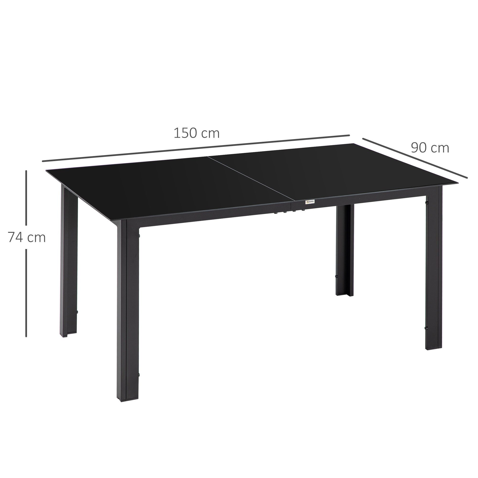 Outsunny Gartentisch Garten Esstisch für 6 Personen, Balkontisch (Partytisch aus Alu, 1-St., Terrassentisch mit Glastischplatte), Schwarz, 150 x 90 x 74 cm
