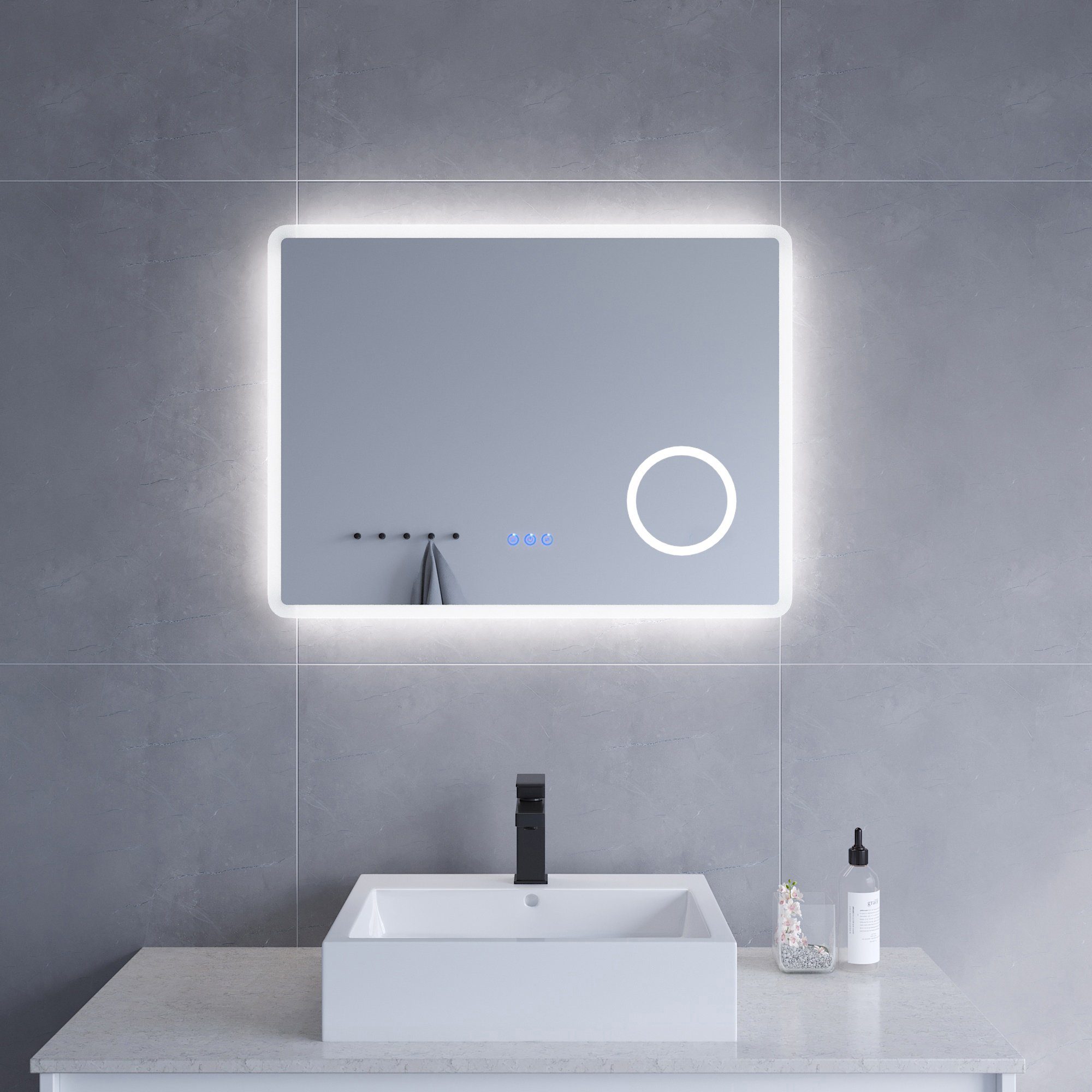 AQUALAVOS Badspiegel LED Spiegel Geeignet für Bad, mit 3-Fach Vergrößerung Kosmetikspiegel, mit Energiesparend Kaltweiß 6400K und Warmweiß 3000K Beleuchtung