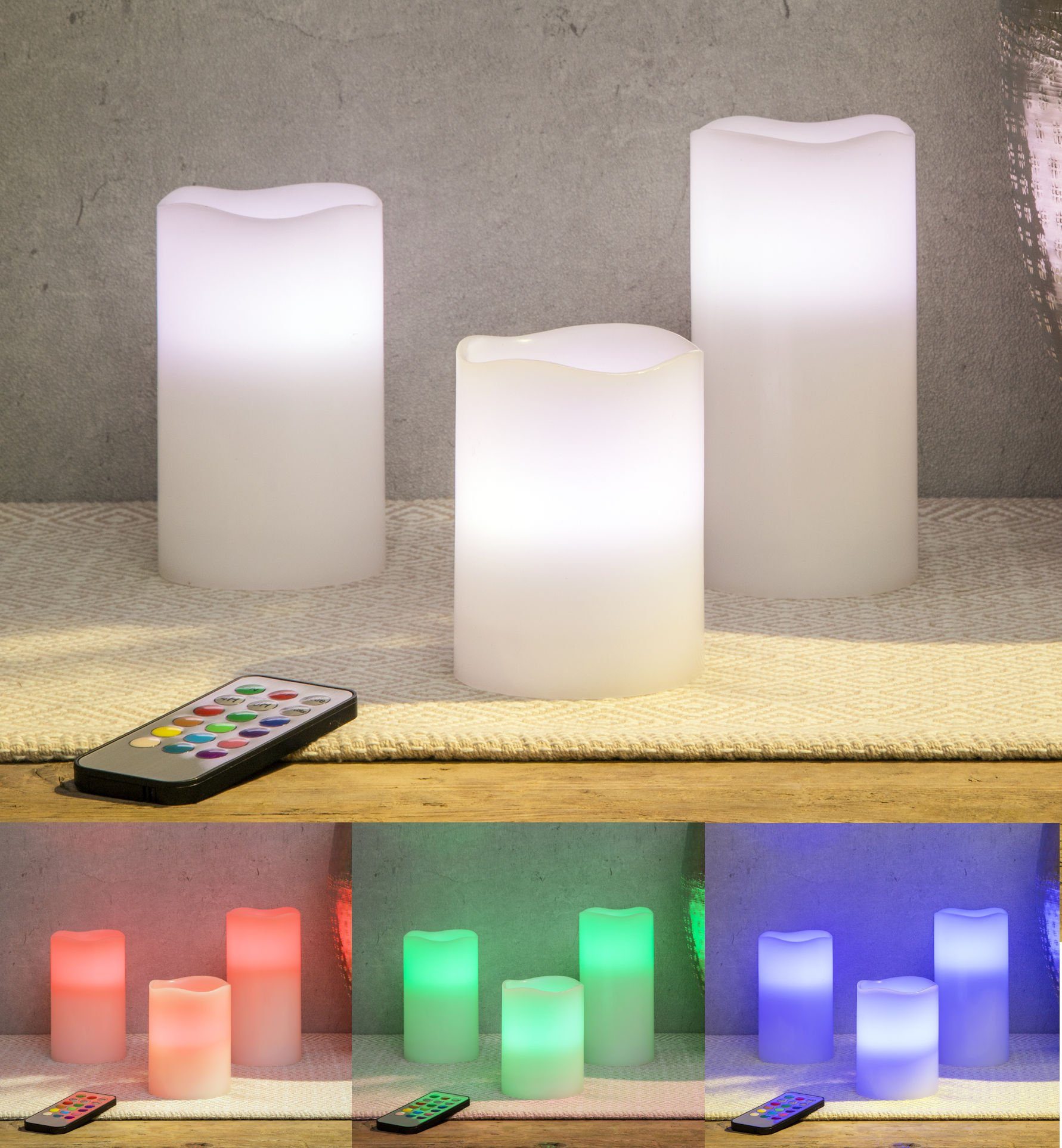 Spetebo LEDKerze »LED Wachs Stumpenkerze 3er Set mit Farbwechsel« (Set