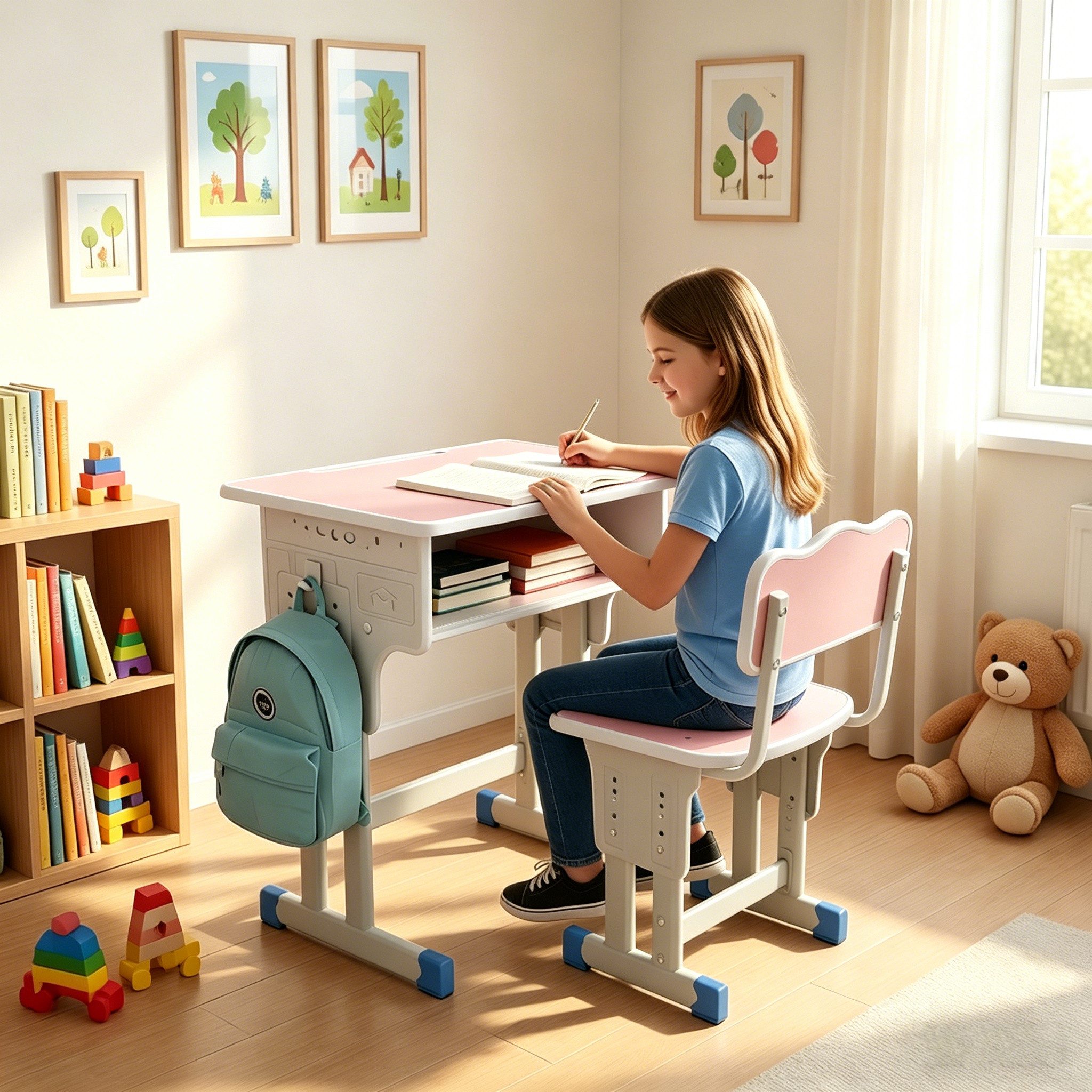 BBG Kinderschreibtisch Höhenverstellbares Kinder Schreibtisch Set mit Stuhl (Ergonomischer Lerntisch 60x40 cm, 4-Stufen Höhenverstellung, Ein Tisch, ein Stuhl), – Bild 4 von 5