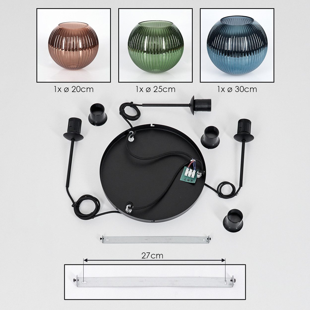 hofstein Hängeleuchte Hängelampe aus Metall/Riffelglas in Schwarz/Blau/Grün/Kupfer, Hängeleuchte im modernen Retro/Vintage-Design (20; 25; 30 cm),3xE27