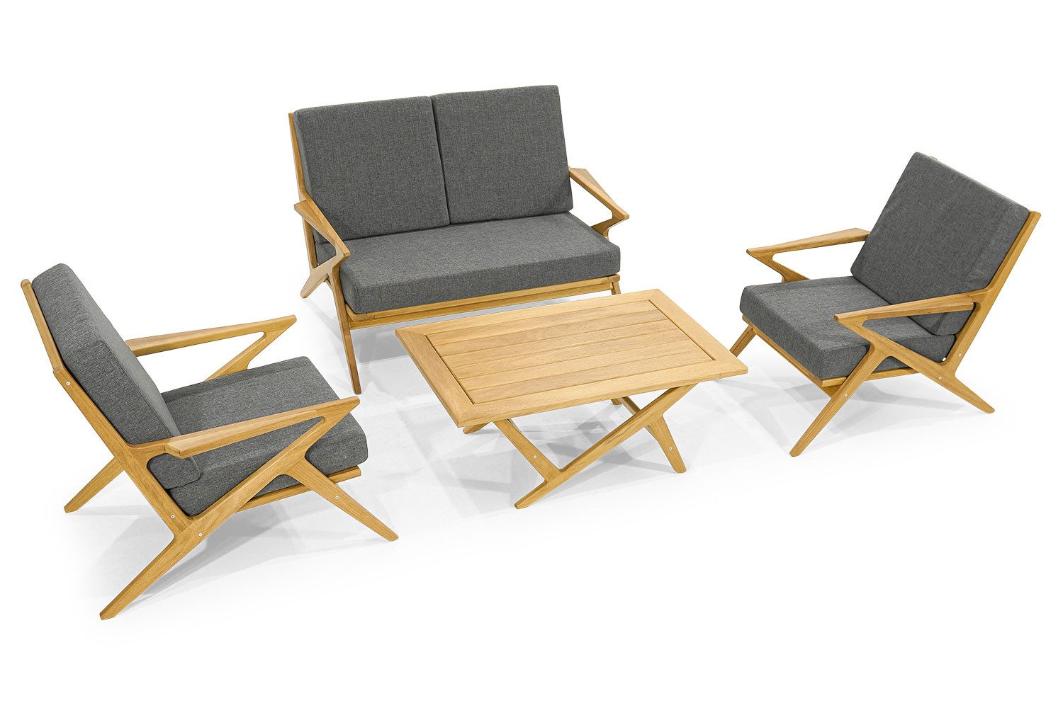 JVmoebel Gartenlounge-Set Designer Gartenmöbelset mit Polstern und Couchtisch in modernem Design, (4-tlg., Gartenmöbel (Doppelsitz + 2 Sessel + Couchtisch), Made in Europa