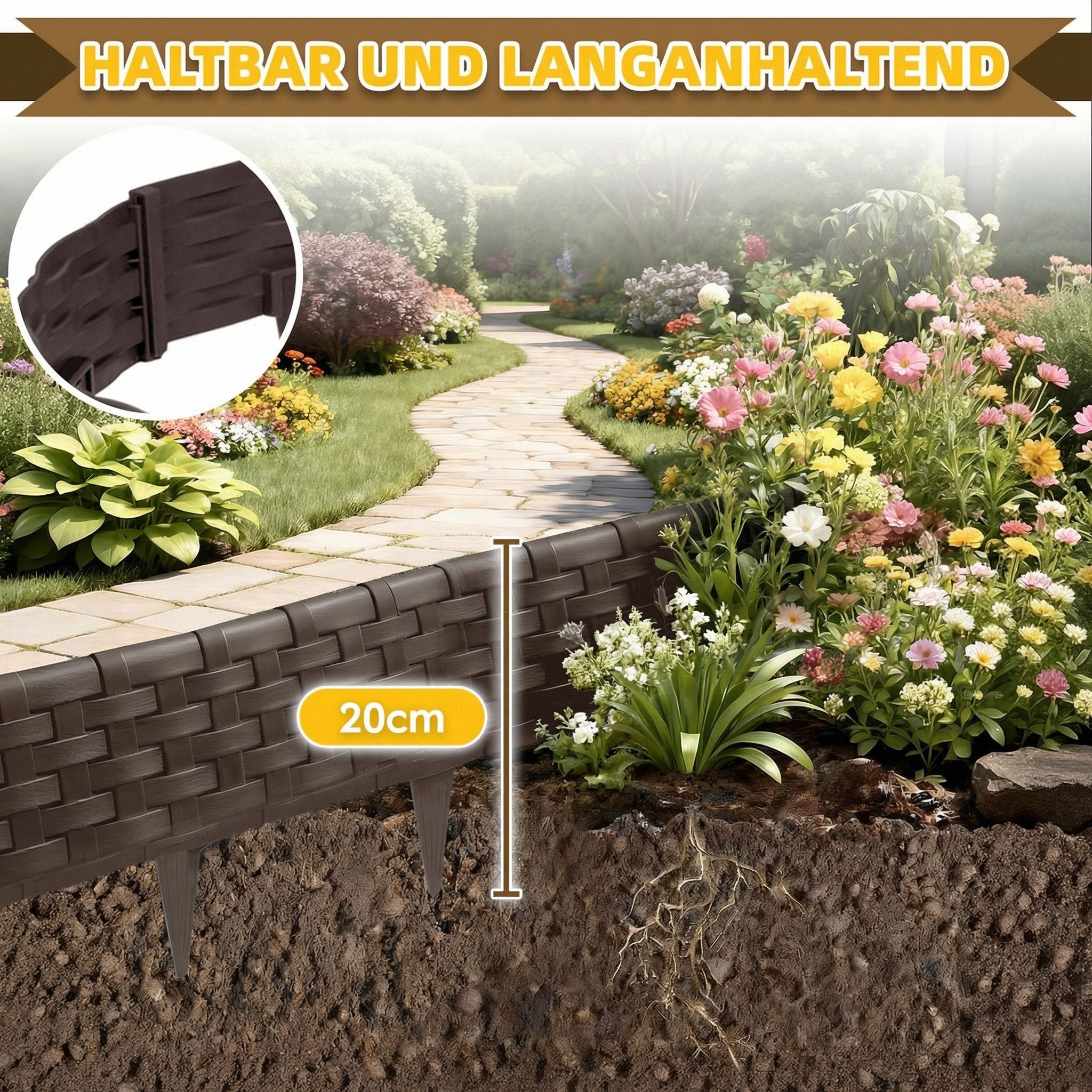 Huracan Beetumrandung Kunststoff Rasenkante Rattan-Optik, Beeteinfassung Beetumrandung Gartenpalisade, Wetterfeste UV-beständige Beetzaun Randsteine, Flexible Steckmontage für Blumenbeete Rasen Garten