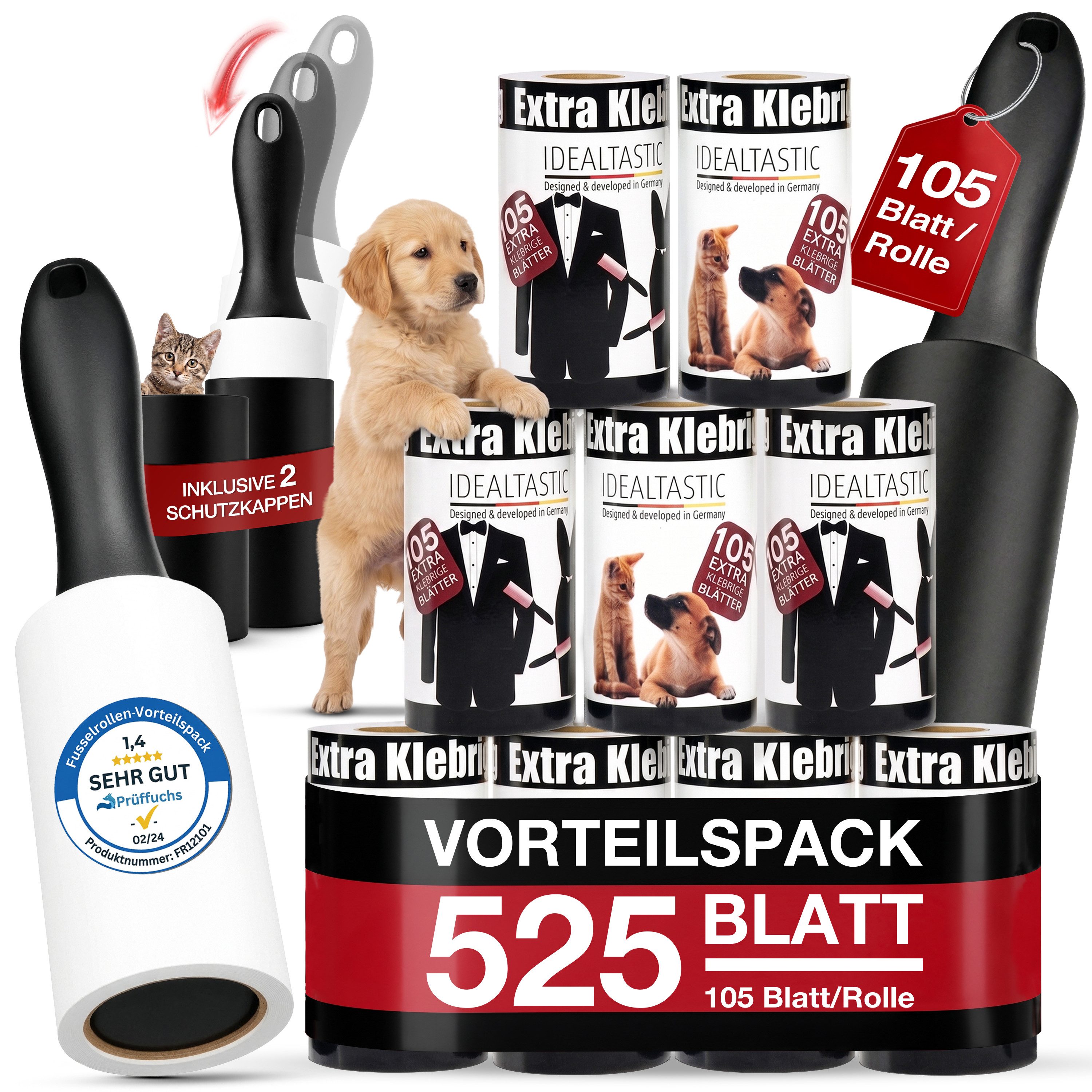 IDEALTASTIC Fusselroller Fusselrolle Tierhaare & Kleidung im Vorteilspack Fusselentferner, 2x Griff & 5x100 Blatt, INKL. 2X STAUBSCHUTZKAPPE