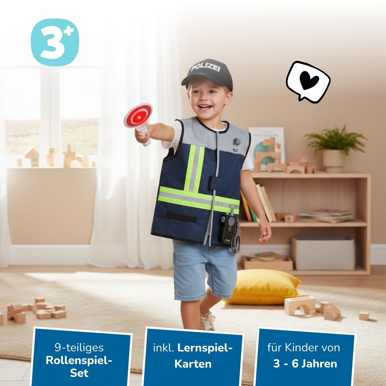 alldoro Spielzeug-Schutzweste Polizei Rollenspiel & Lernset, Polizei-Kostüm für Kinder 3-6 Jahre, 9 Teile, Verkleidung mit Weste, Cap, Zubehör & 8 Lernkarten