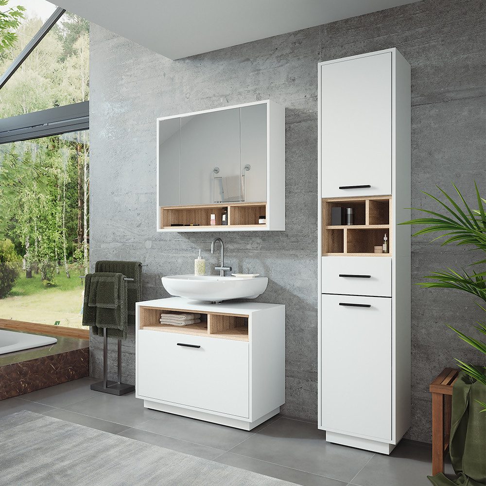 Vicco Badmöbel-Set Beatrice, Weiß/Sonoma, 3 Teile mit Hochschrank, (3-St., 3er Set)