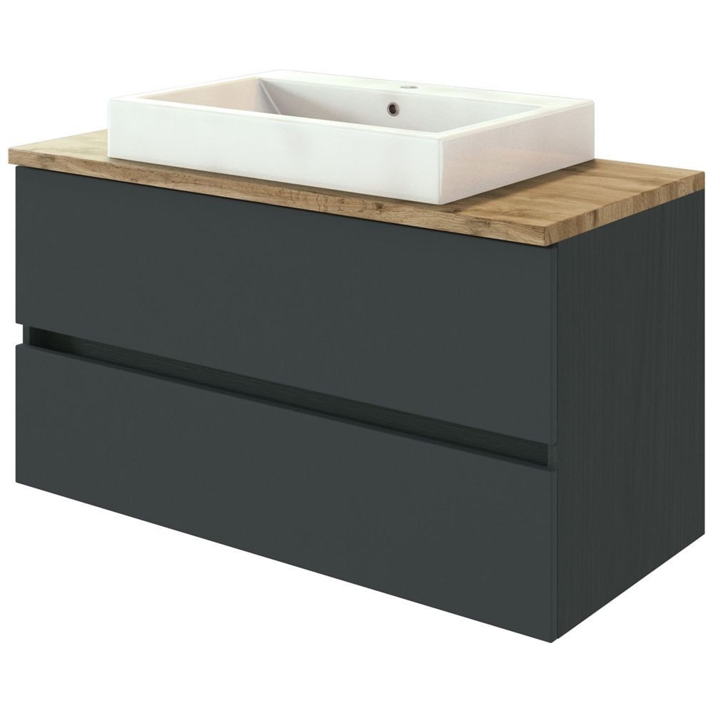 Lomadox Waschtisch PESARO-03, grau mit Absetzung in Wotaneiche Nb. 100/63/48 cm