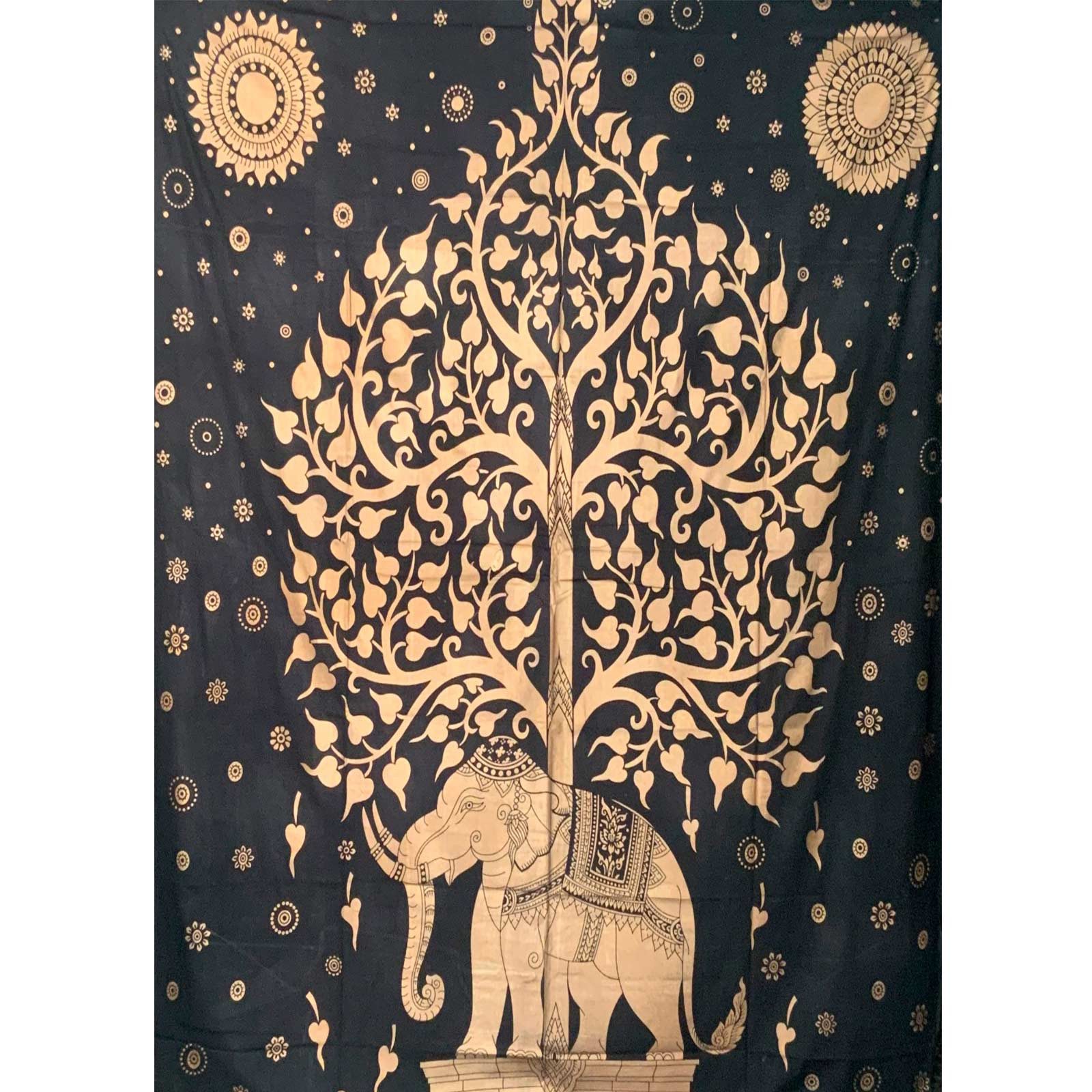 KUNST UND MAGIE Wandteppich Tagesdecke Wandbehang Deko Tuch Golden Elefant Bohi Baum ca. 200x135cm