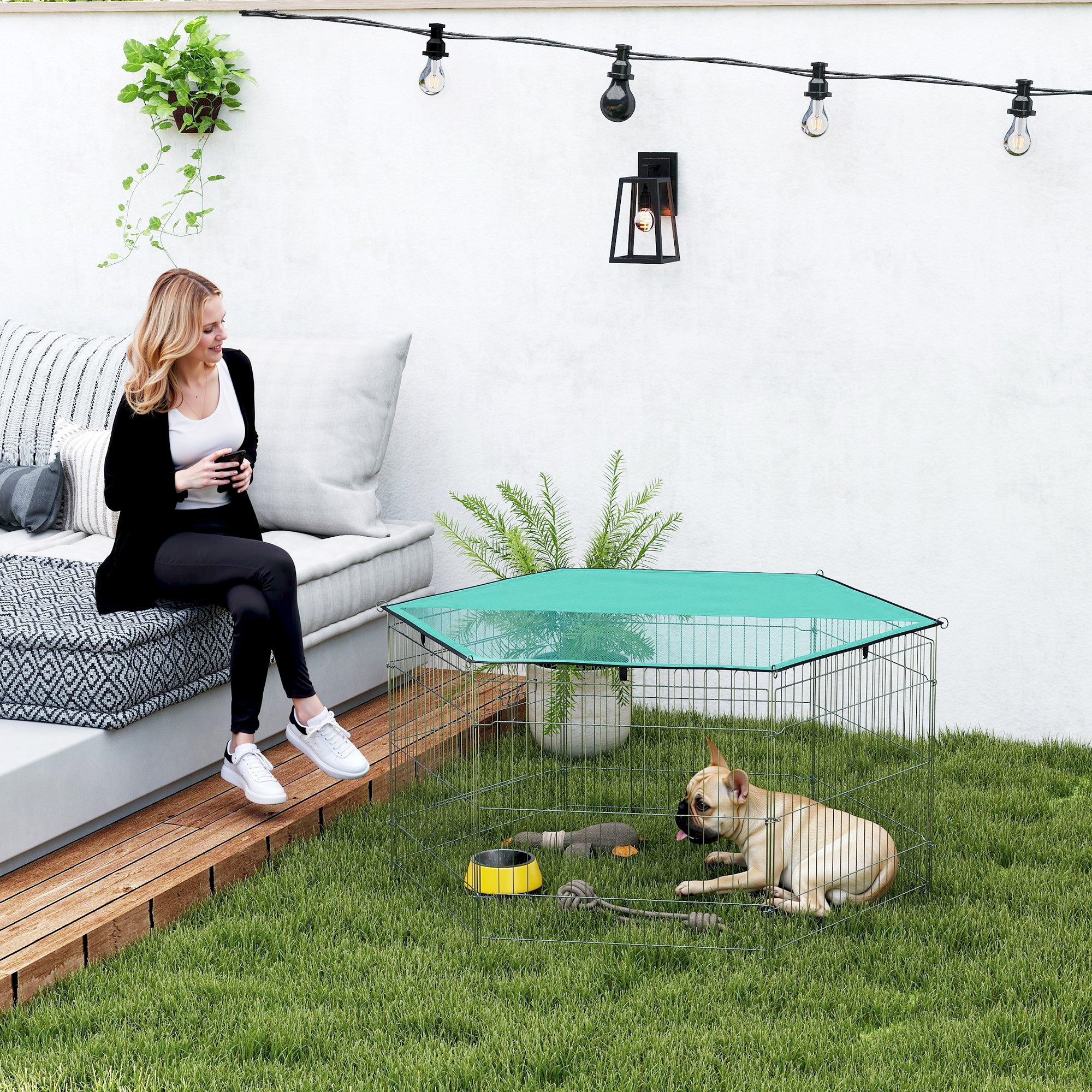 ZMH Freigehege Draht-Laufstall für Hunde und Welpen, Ø 120 x 60 cm, mit wasserdichter Polyesterabdeckung. Haustiergehege