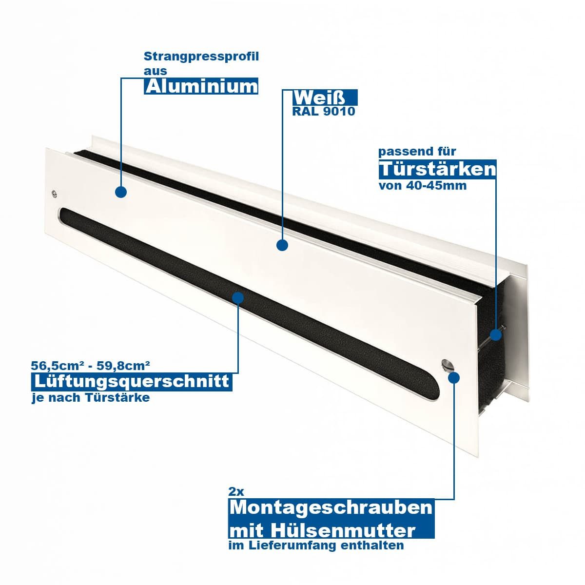 MS Beschläge Lüftungsgitter Schallschutzgitter 450mmx100mm - Türlüftungsgitter, schalldämmend geprüft EN ISO 717-1 - Weiß RAL9010 – Bild 5 von 5