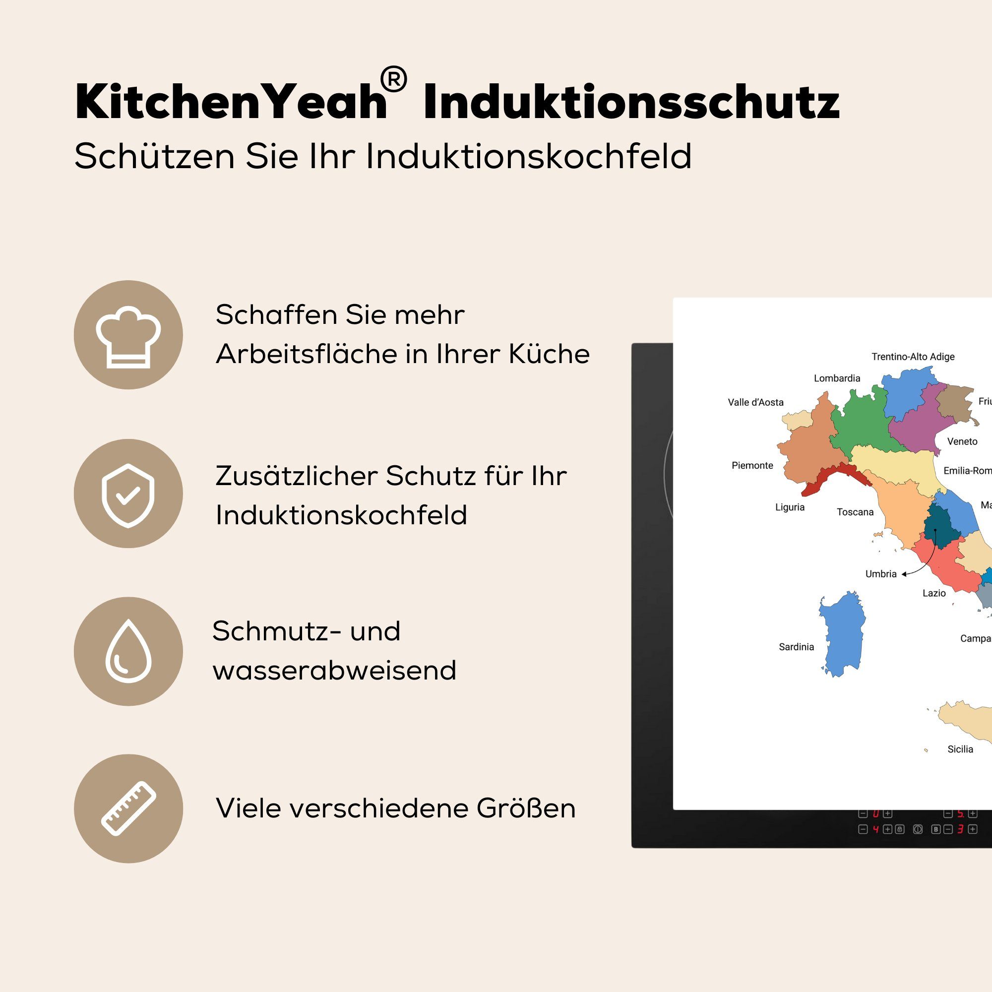 MuchoWow Herdblende-/Abdeckplatte Karte küche der 78x78 tlg), (1 Ceranfeldabdeckung, Italiens, Arbeitsplatte Regionen cm, für Vinyl