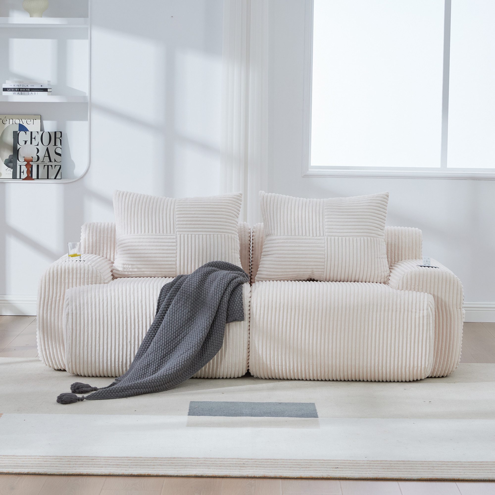 Odikalo Ecksofa Modulares Sofa mit Schlaffunktion, Eckcouch mit 2 Hockern, U Form, Modulares Cordsofa für 3 Personen (mit 2 Hockern), frei kombinierbar, inklusive Getränkehalter und seitlicher Aufbewahrungstasche, ideal für Wohnzimmer, Familienzimmer und weitere Räume