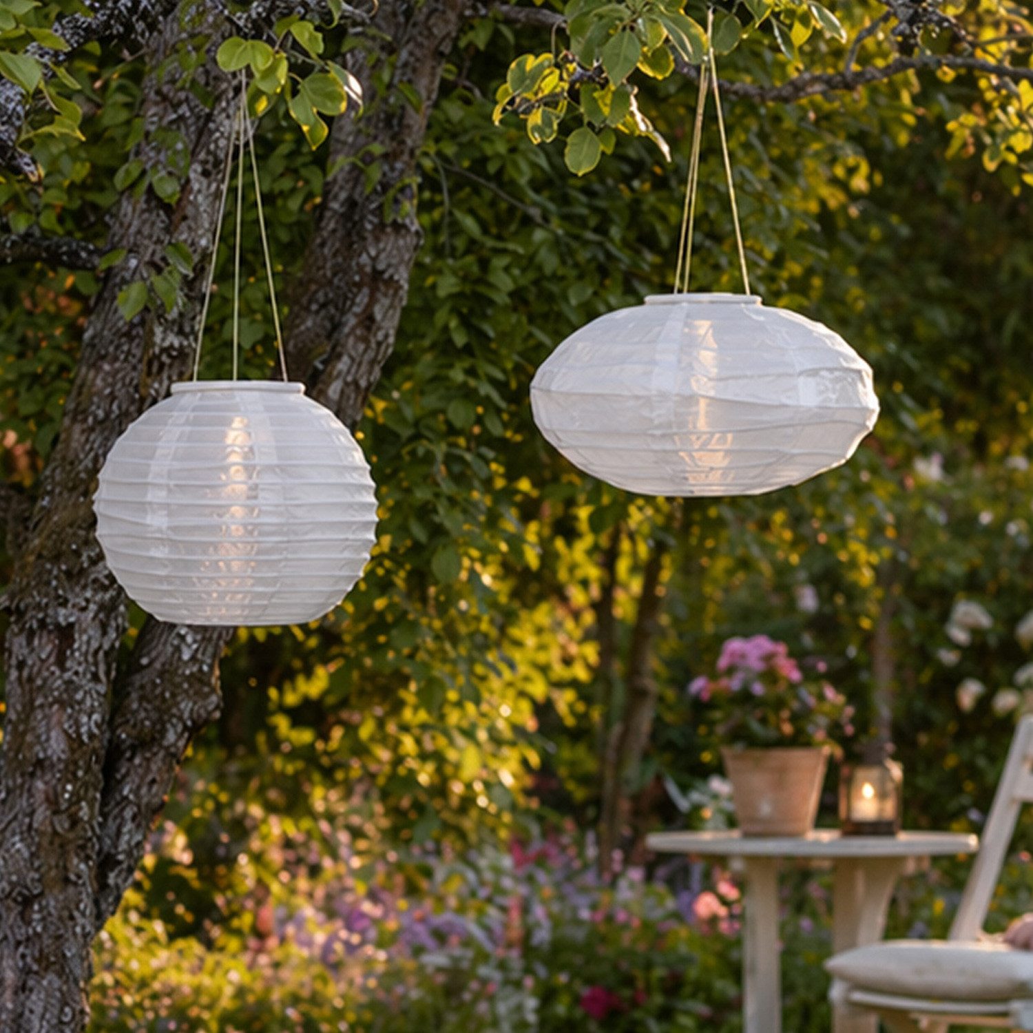 MARELIDA LED Lampion Solar Gartenlampions 25cm/35cm Party Balkon Laterne Sensor 2er Set, LED Classic, warmweiß (2100K bis 3000K)