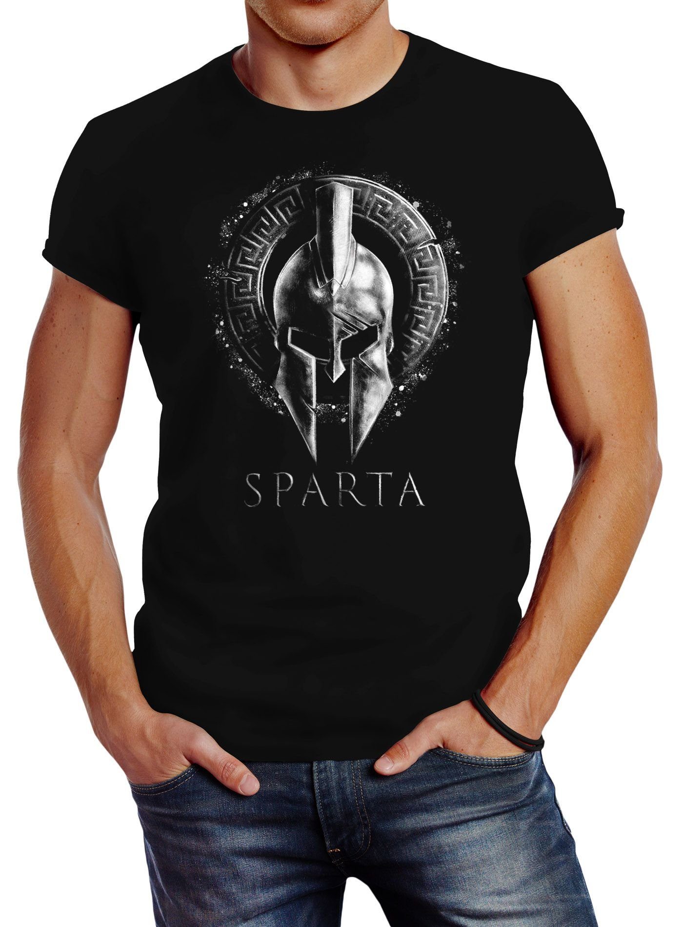 Neverless Print-Shirt Neverless® Herren T-Shirt Aufdruck Sparta Helm Krieger Warrior Printshirt T-Shirt Used Look Slim Fit Fashion Streetstyle Neverless® mit Print