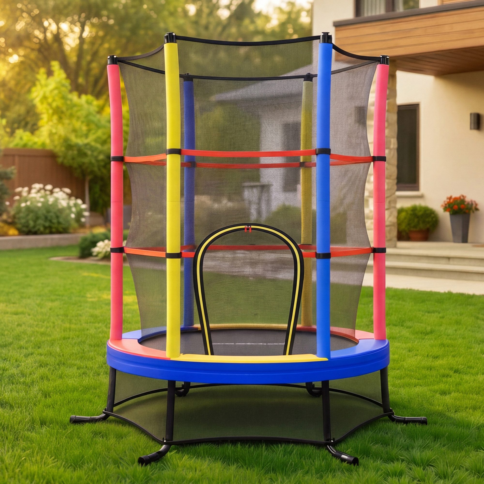 SONGMICS Kindertrampolin 174 cm Kindertrampolin mit Sicherheitsnetz, Randabdeckung, Stahlrahmen, Mini-Trampolin Fitness, Gartentrampolin, für indoor und outdoor