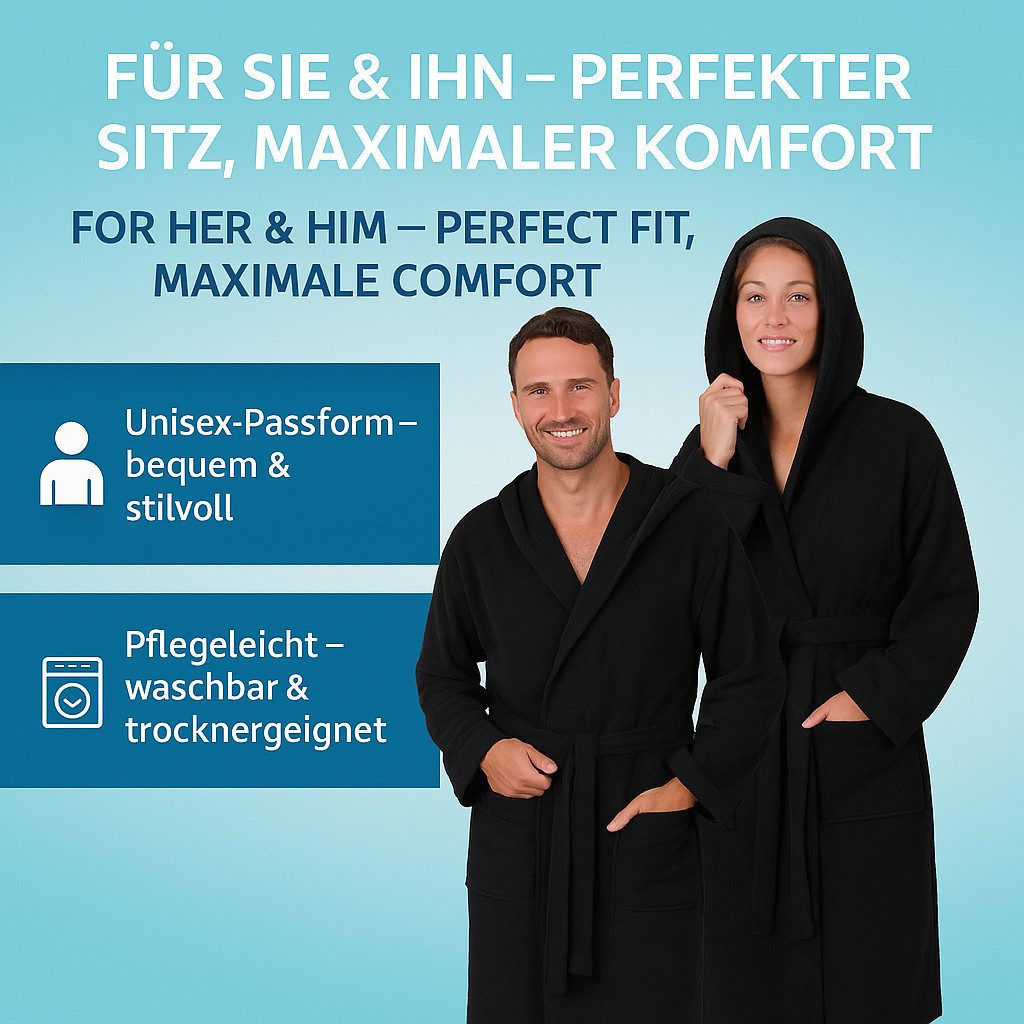 Betz Bademantel Saunamantel mit Kapuze für Herren und Damen FULDA, Wadenlang, 100% Baumwolle, Kapuze, Gürtel