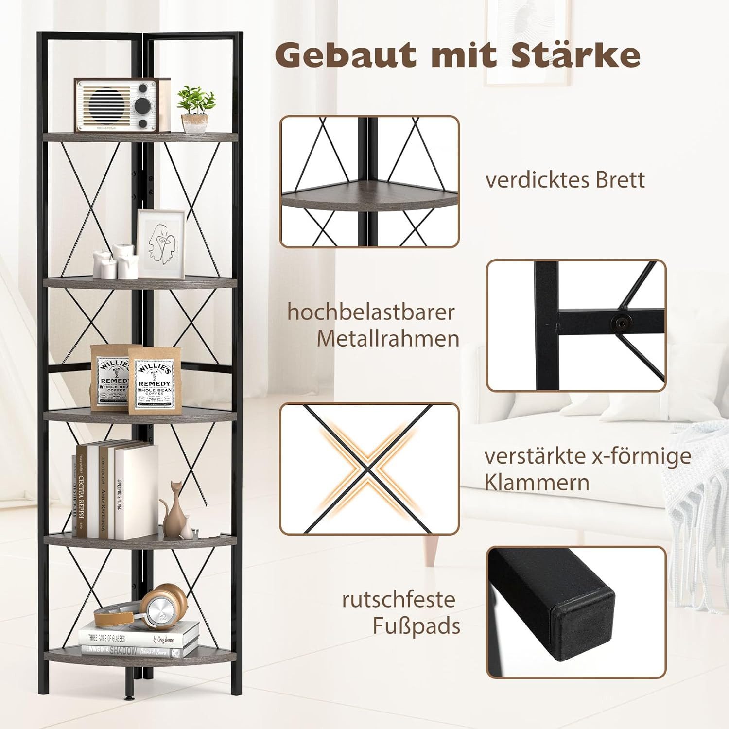KOMFOTTEU Eckregal, Standregal Bücherregal mit 5 Ebenen