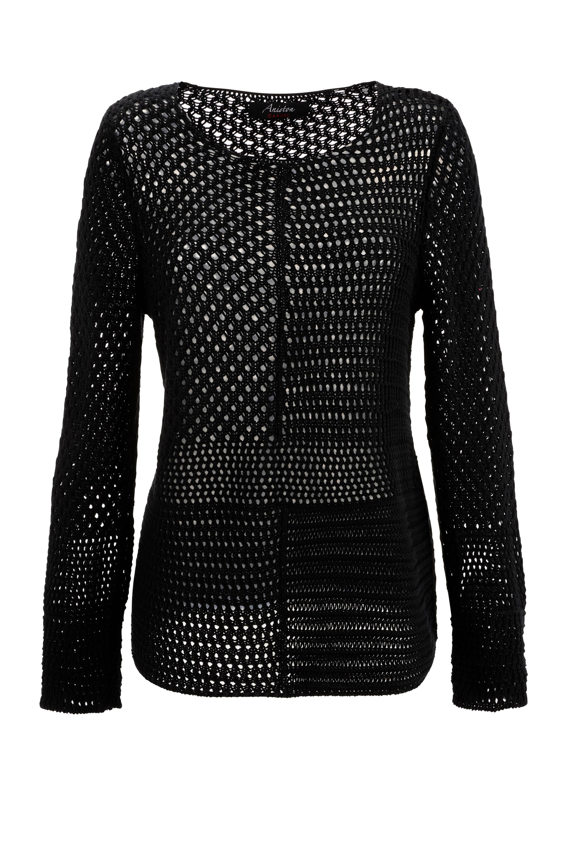 Aniston CASUAL trendig schwarz Ajour-Mustern gemixten Rundhalspullover mit