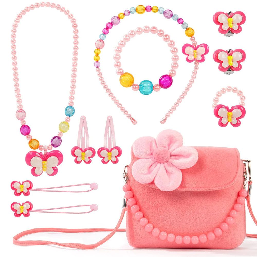 AFKSMILE Handtasche Kleine Mädchen Süße Plüsch Handtaschen, Kinderschmuck Set, 11 Stück