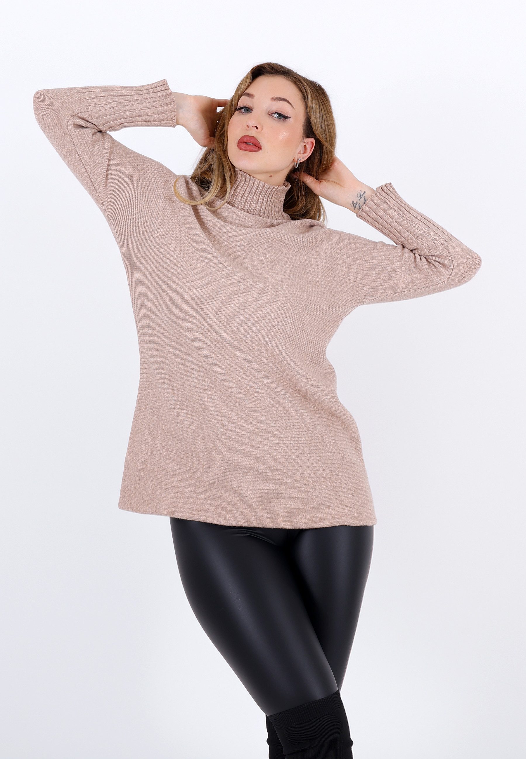 Strickpullover Feinstrick-Longpullover mit Stehkragen (One Size 34–42)