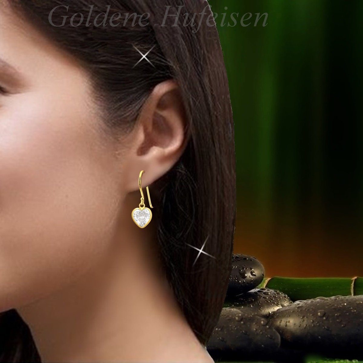 Kinder Teens (Gr. 128 - 182) Goldene Hufeisen Paar Ohrhaken Herz Ohrringe aus 925 Sterling Silber Vergoldet mit Zirkonia Kristal