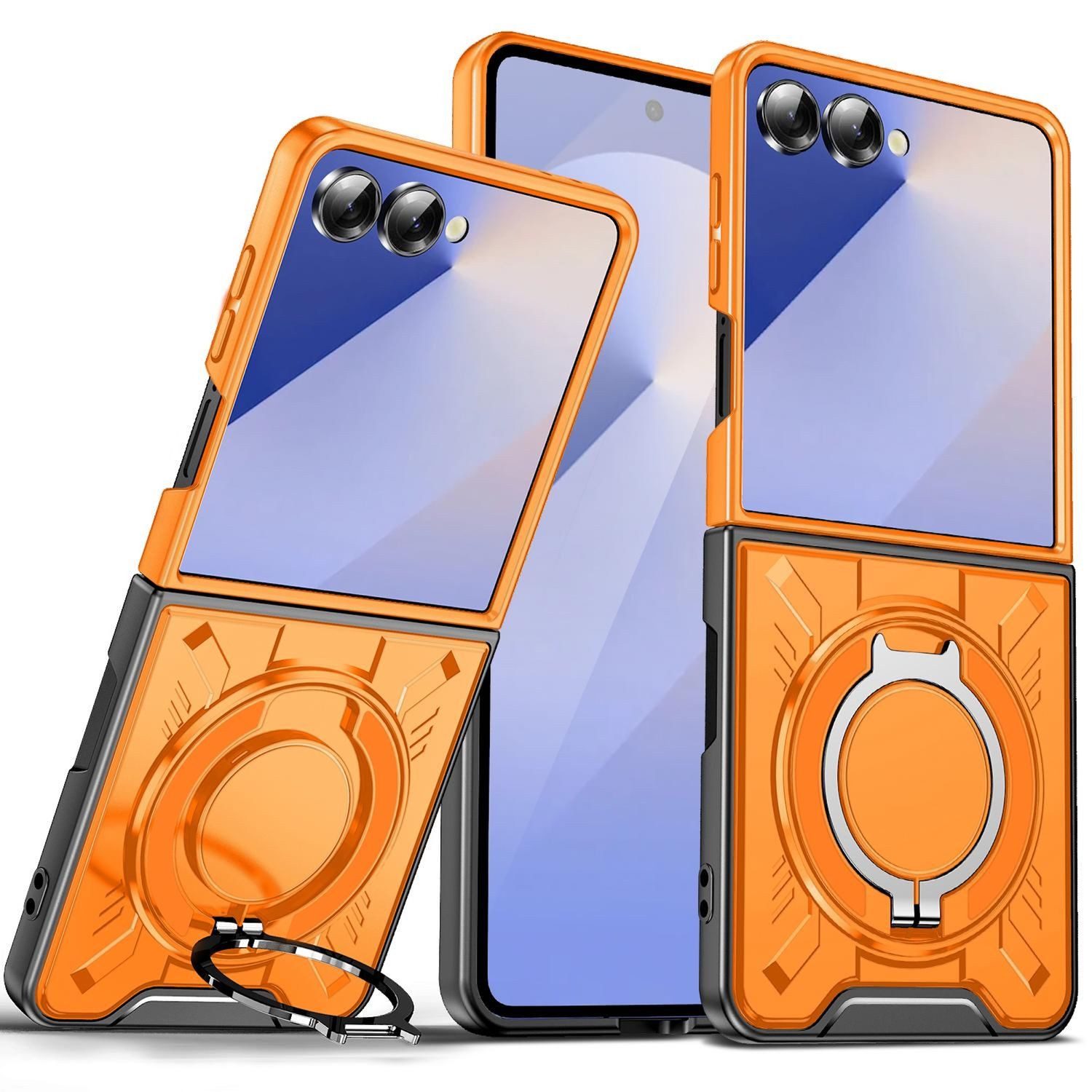Wigento Handyhülle Für Samsung Galaxy Z Flip7 5G MagSafe 360 Grad Ringhalter Hülle Orange, MagSafe Hülle mit integriertem Ringhalter und Schutzkante