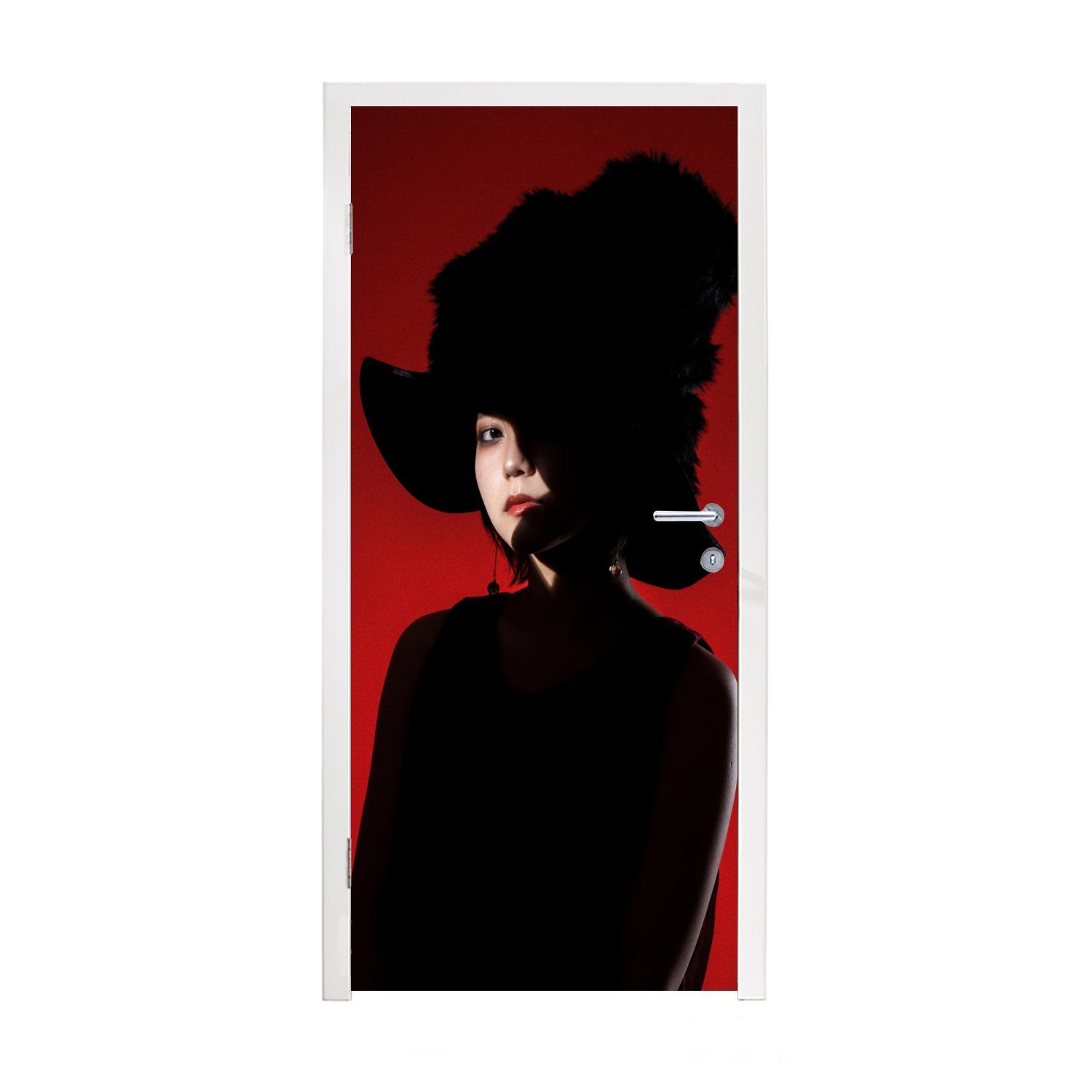 MuchoWow Türtapete Rot - Frau - Schwarz - Porträt, Matt, bedruckt, (1 St), Fototapete für Tür, Türaufkleber, 75x205 cm