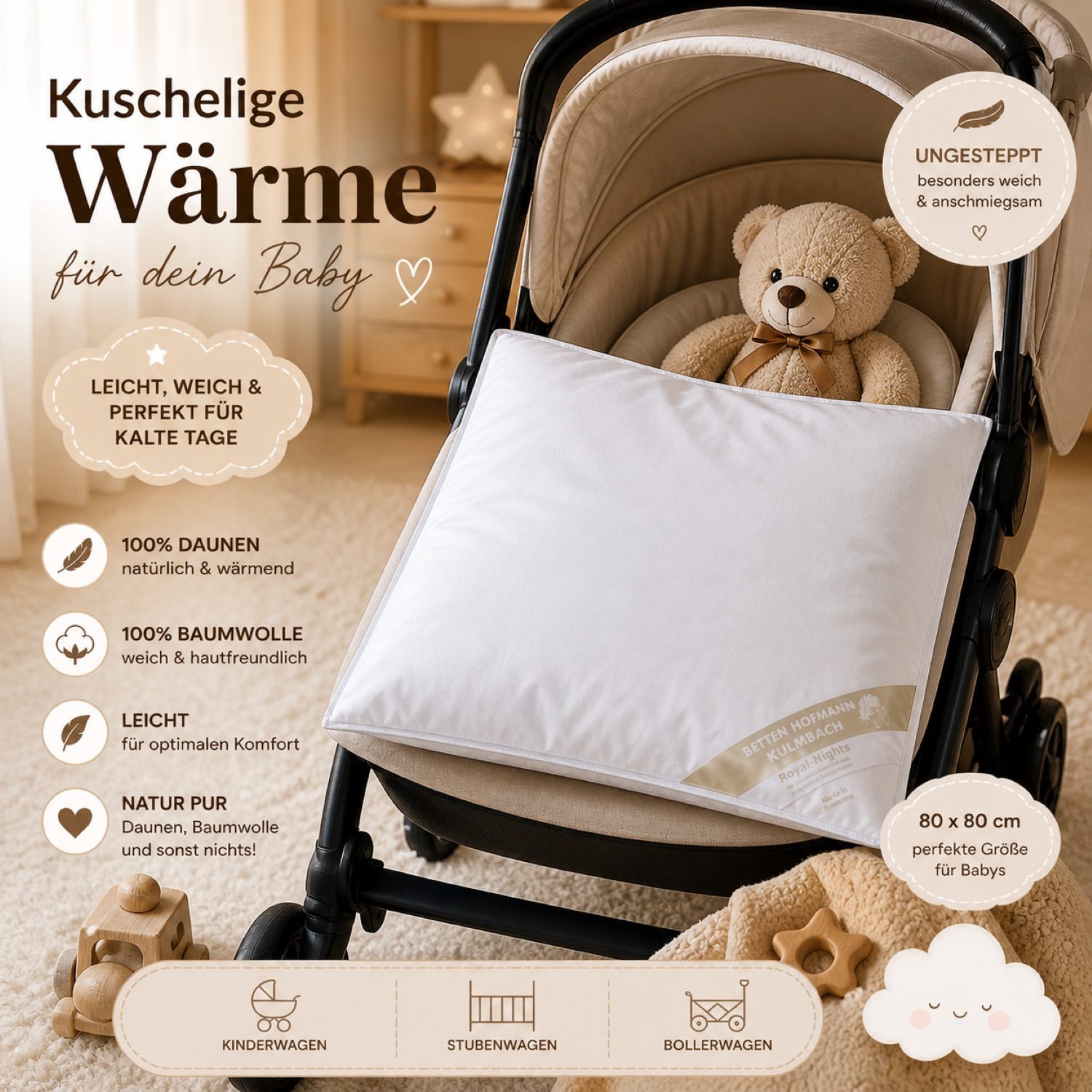 Betten Hofmann Babybettdecke Betten Hofmann Baby Winterdecke 80x80 cm Bettdecke mit 50% Daunen 300, Füllung: 100% Daunen, Bezug: 100% Baumwolle, made in Germany, warm und hautsympathisch