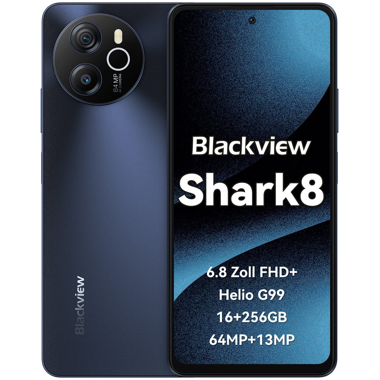 blackview Shark8 64MP,AI Smartphone (6.8 Zoll, 64 MP Kamera, 2.4K Display, 64+13 MP, Helio G99, Dual 4G, NFC/Face ID, 120Hz, 6.78)