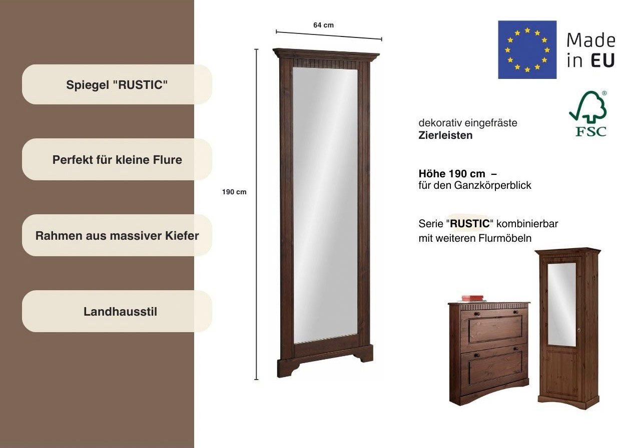 OTTO home Spiegel Rustic, Garderobenspiegel, Landhausstil, Rahmen in Kiefer massiv, Höhe 190 cm, mit Zierfräsungen