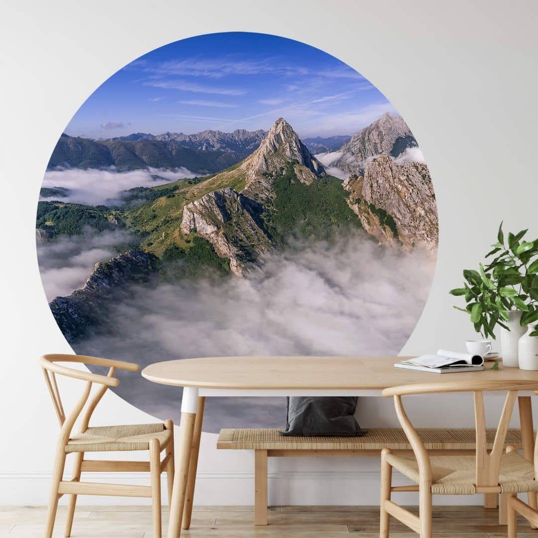 Rund Vliestapete Natur Nebel Fototapete Wall K&L Art Tapete Wohnzimmer, Fototapete Berggipfel Gebirge Cuadrado