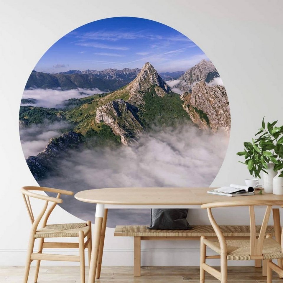 K&L Wall Art Fototapete Fototapete Cuadrado Nebel Gebirge Natur Vliestapete  Rund Wohnzimmer, Berggipfel Tapete