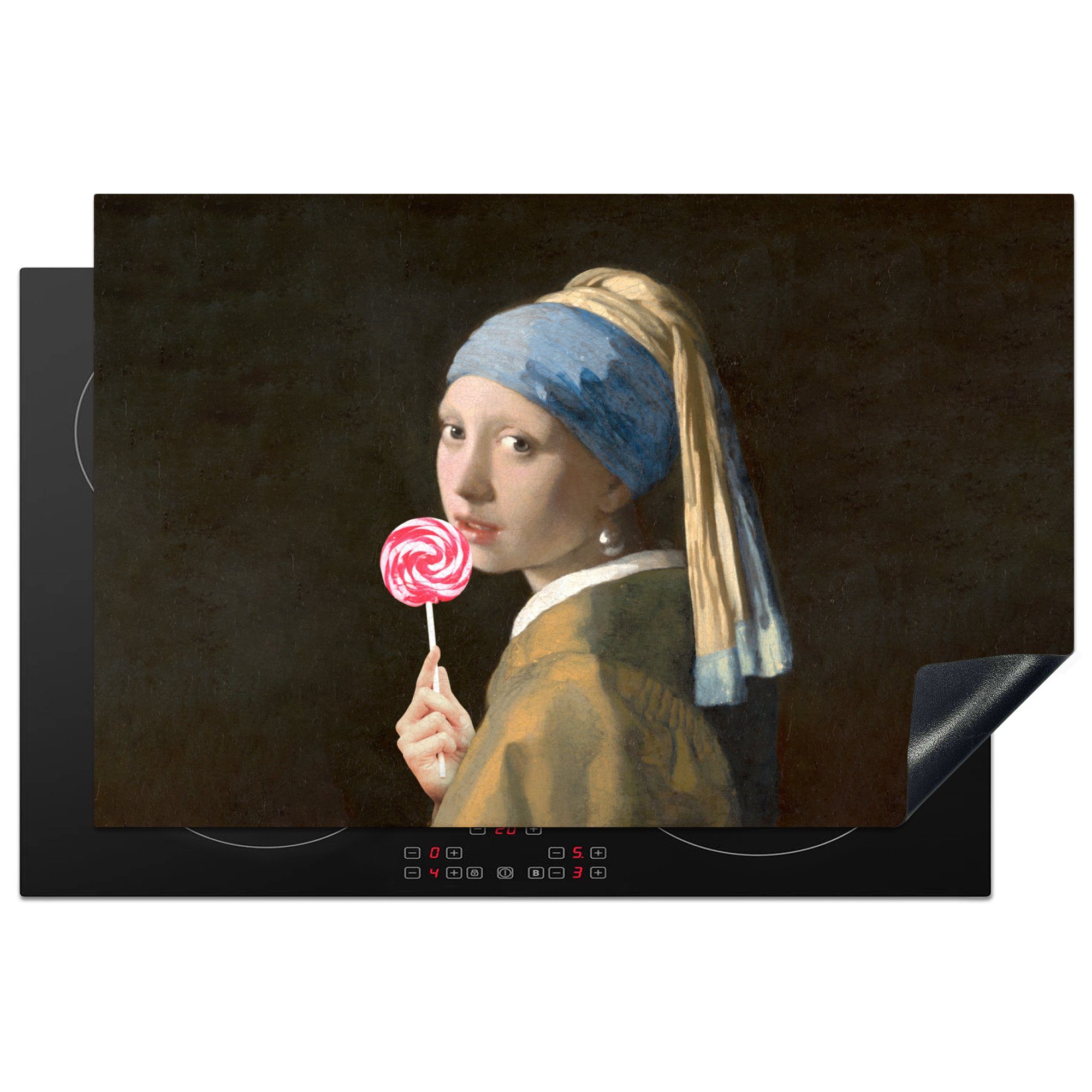 MuchoWow Herdblende-/Abdeckplatte Mädchen mit Perlenohrring - Johannes Vermeer - Lollipop, Vinyl, (1 tlg), 81x52 cm, Induktionskochfeld Schutz für die küche, Ceranfeldabdeckung