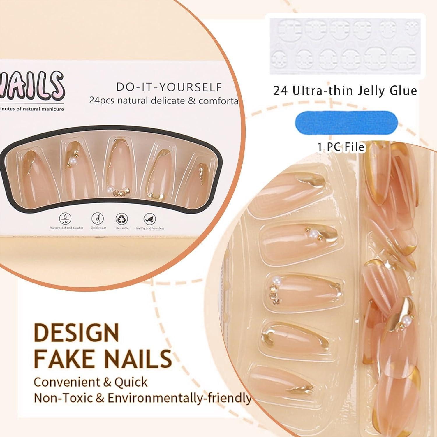 LuxusKollektion Kunstfingernägel 24er French Tip Press on Nails Mandel Perlen Gold Glänzend