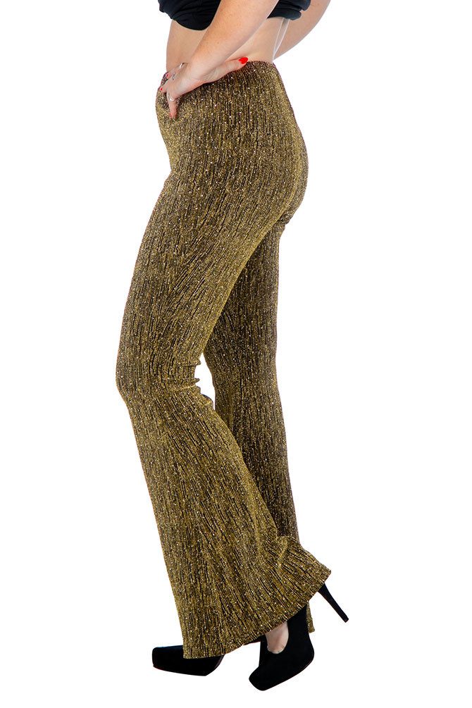 Karneval-Klamotten Kostüm Disco Damen Glitzer Schlaghose gold hochwertig, Party Hose elegant auffällig für Motto Party Feier Silvester Karneval