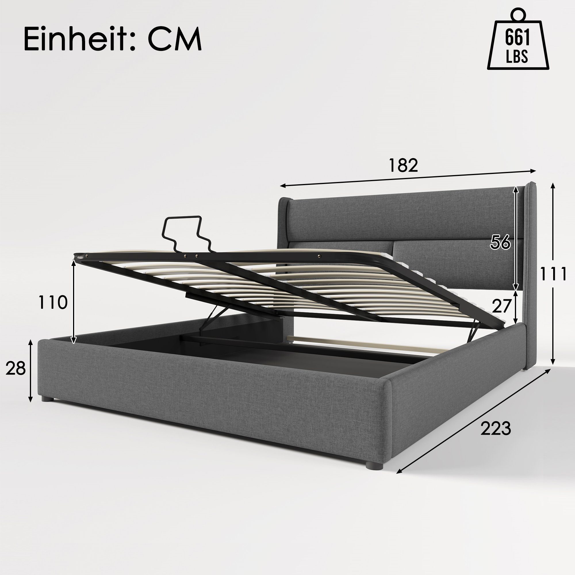 Boxspringbett (Polsterbett mit Verstellbare Kopfstützen, Lattenrost und Bettkasten), Stauraumbett Hydraulisches Bett 180 x 200 cm, Bezug aus Leinen