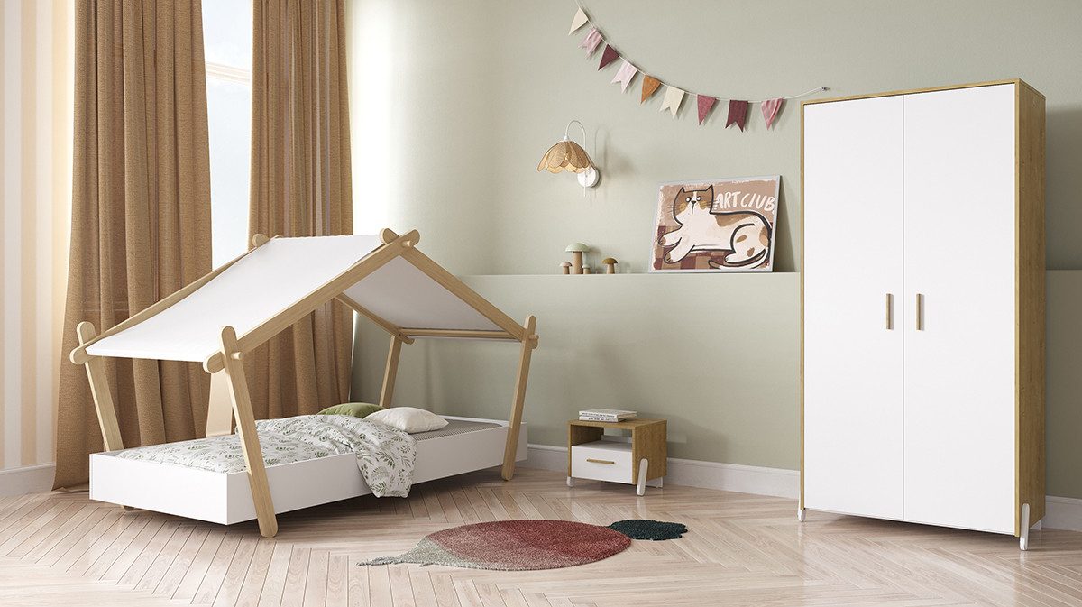 habeig Kinderbett Mini-Lodge Bett mit Dach, 143,6 x 106,5 x 85 cm, Weiß/Naturholz, ohne Matratze und Bettzeug