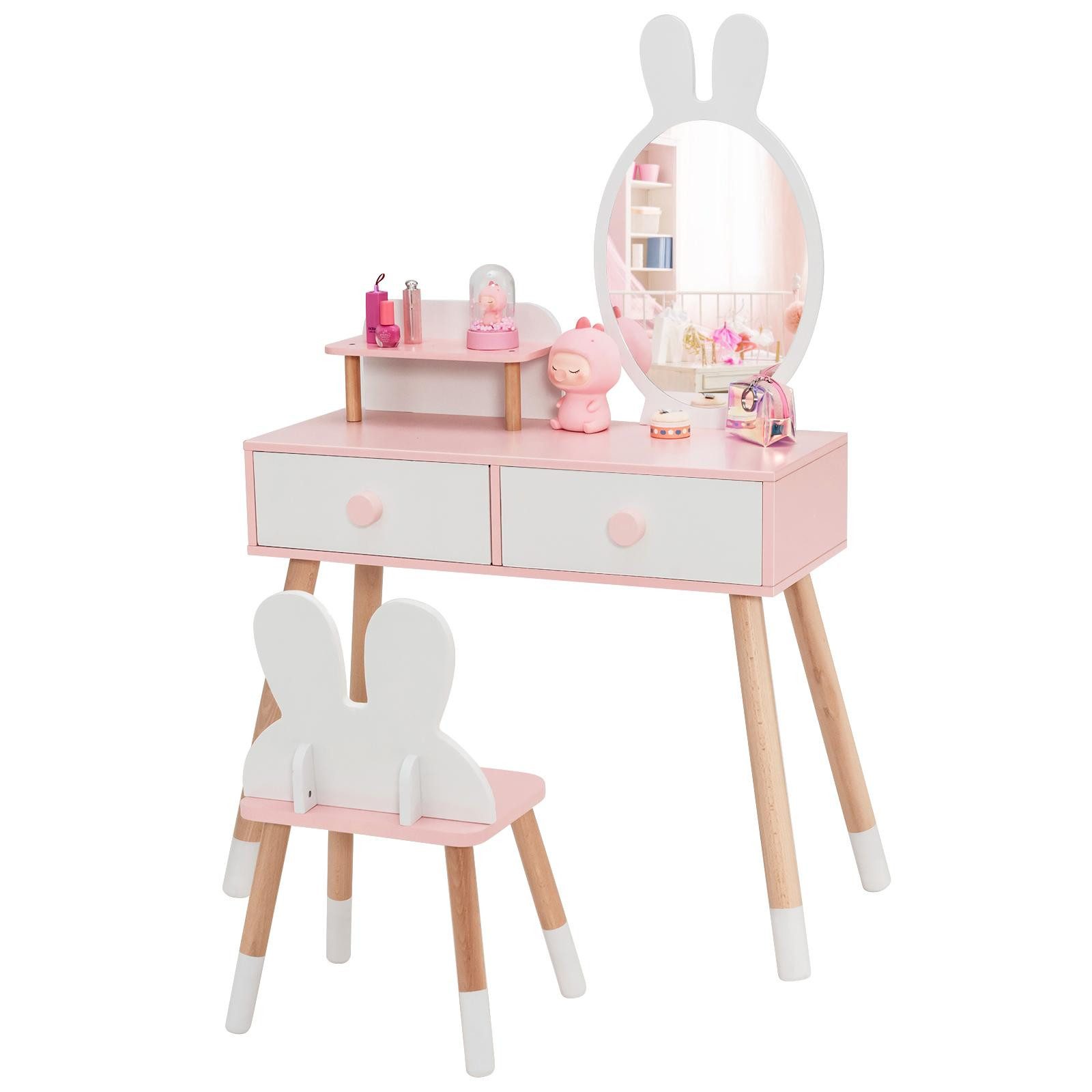 KOMFOTTEU Schminktisch Kinder (Set), mit Hasenohr förmigem Hocker und Spiegel