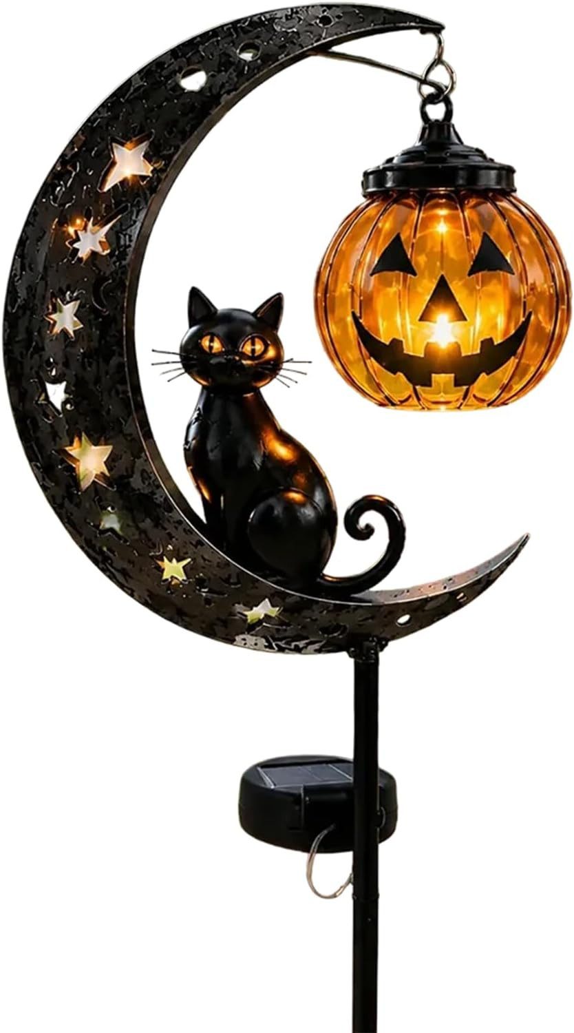 nsihing Gartenleuchte Solar Halloween-Schwarze Katze & Kürbis-Mond Gartensteckleuchte