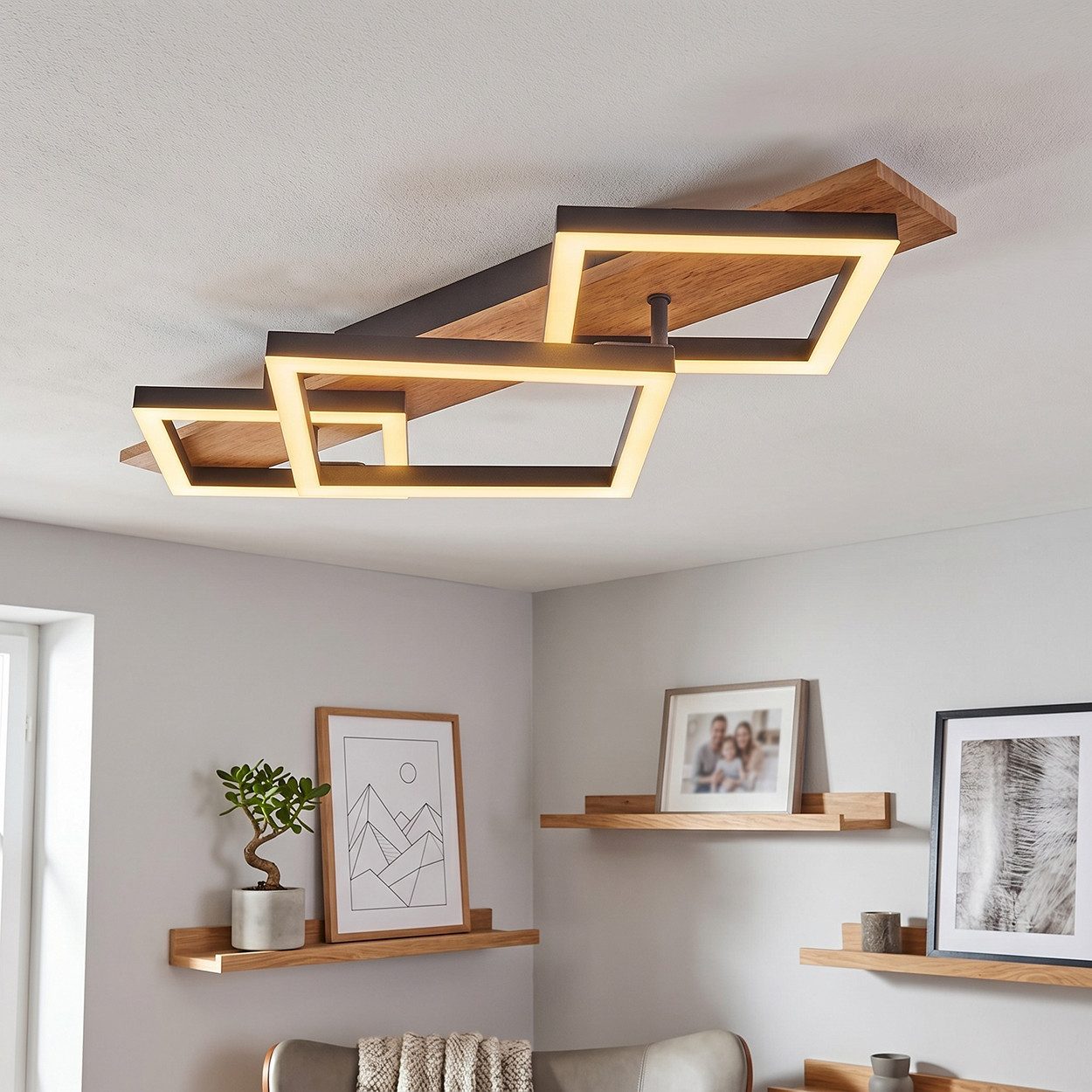 hofstein Deckenleuchte Deckenlampe aus Metall/MDF/Kunststoff in Schwarz/Holzoptik/Weiß, LED fest integriert, 3000 Kelvin, 3-flammig, 24 Watt, 2670 Lumen, 3000 Kelvin
