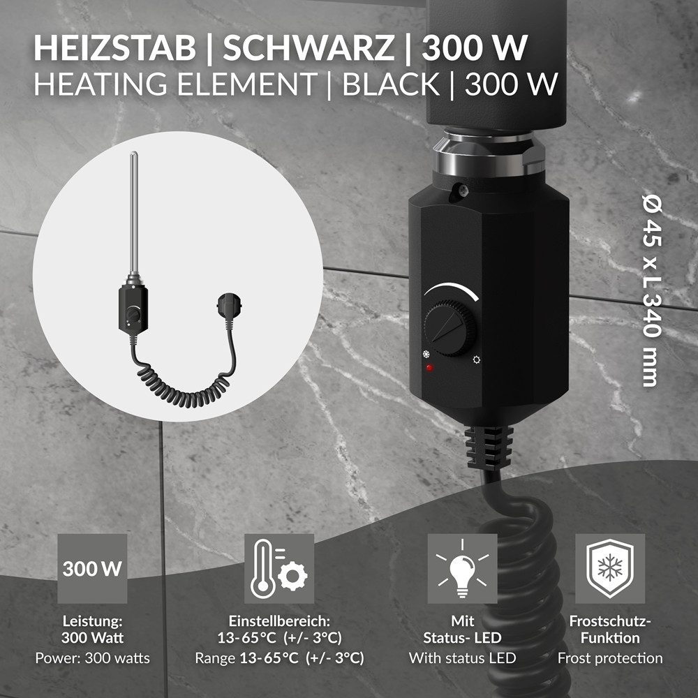 LuxeBath Heizstab Heizelemente für Badheizkörper mit Thermostat und LCD Bildschirm, Elektroheizstab mit Stecker Schwarz Heizpatrone Heizelemente 300W