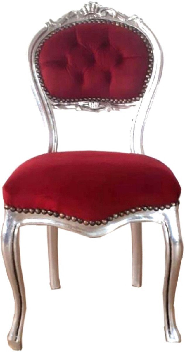 Casa Padrino Besucherstuhl Barock Damen Stuhl Bordeauxrot / Silber 40 x 44 x H. 83 cm - Handgefertigter Schminktisch Stuhl mit edlem Samtstoff - Möbel im Barockstil