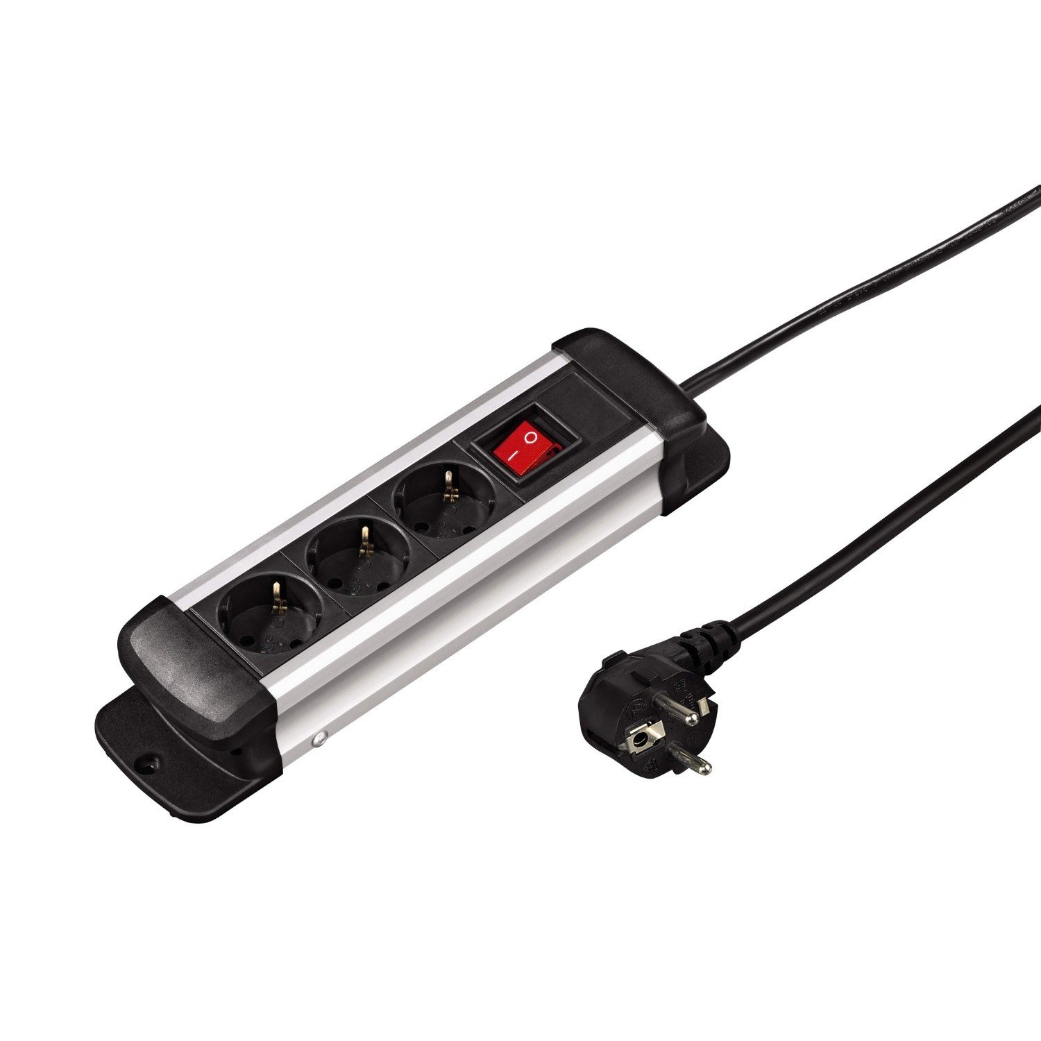 Hama Alu Mehrfachstecker 3-Fach mit Schalter Halterung Steckdosenleiste 3-fach (Kabellänge 3 m), Aluminium 3m Kabel Steckdosenleiste Wand-Montage Halter 45° Stecker