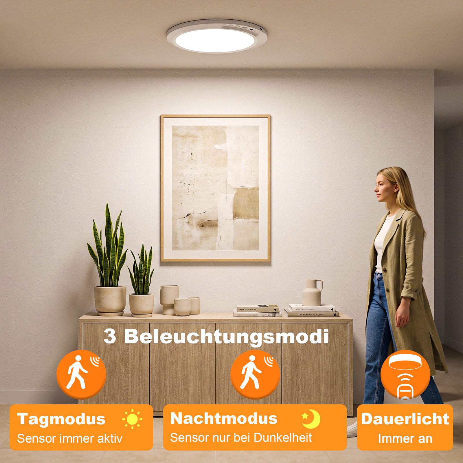 skelo LED Deckenleuchte 19CM Akku Lampe mit Bewegungsmelder 4000mAh, 3CCT Dimmbar & Timer, Wiederaufladbare Deckenleuchte, LED fest integriert, Kaltes Licht, Natürliches Licht, Warmes Licht, 3 Sensor Modus & Magnetische Deckenlampe ohne Bohren für Keller Flur