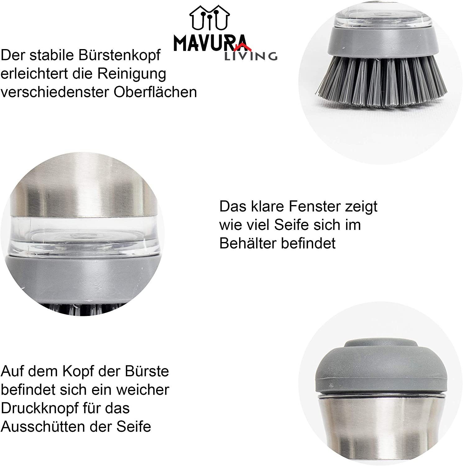 MAVURA Spülmittelspender Spülbürste mit Spülmittelbehälter Spülschwamm Geschirrbürste [2er Set] Abwasch Bürste Topfbürste Abwaschbürste